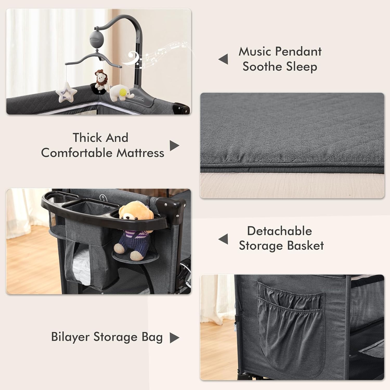 ANGELBLISS 5 in 1 Baby Bassinet Bedside Crib, Rocking Bassinet with Diaper Changer, Pack and Play with Bassinet, Portable Folding Playpen Playard with Mobile, Sheet & Mattress(Grey) - Image 2