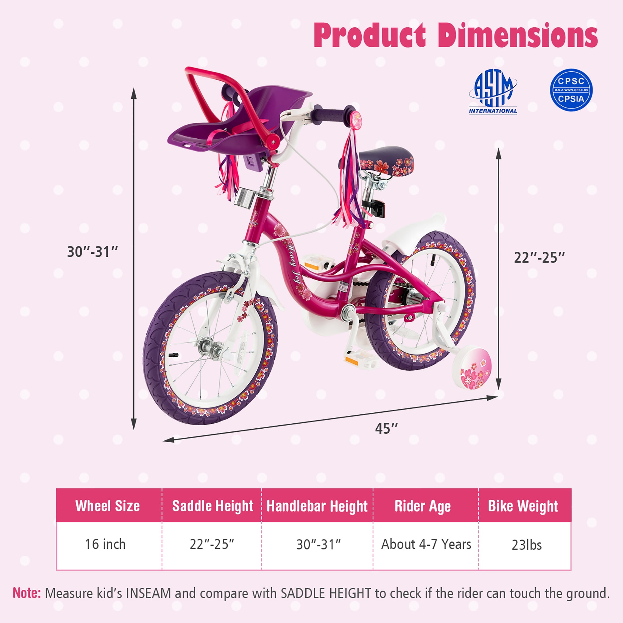 Costway 16'' Kids Bike with Doll Seat Girls Bicycle with Training Wheels for 4-7 Years Old Girl - Image 6