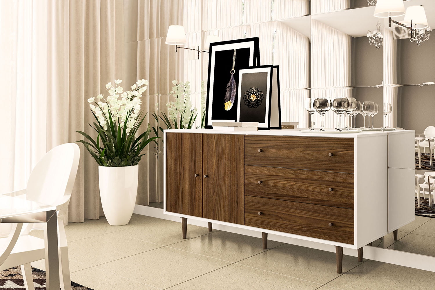 Polifurniture Pasadena Modern Sideboard with 2 Doors and 3 Drawers, White & Walnut - Image 6