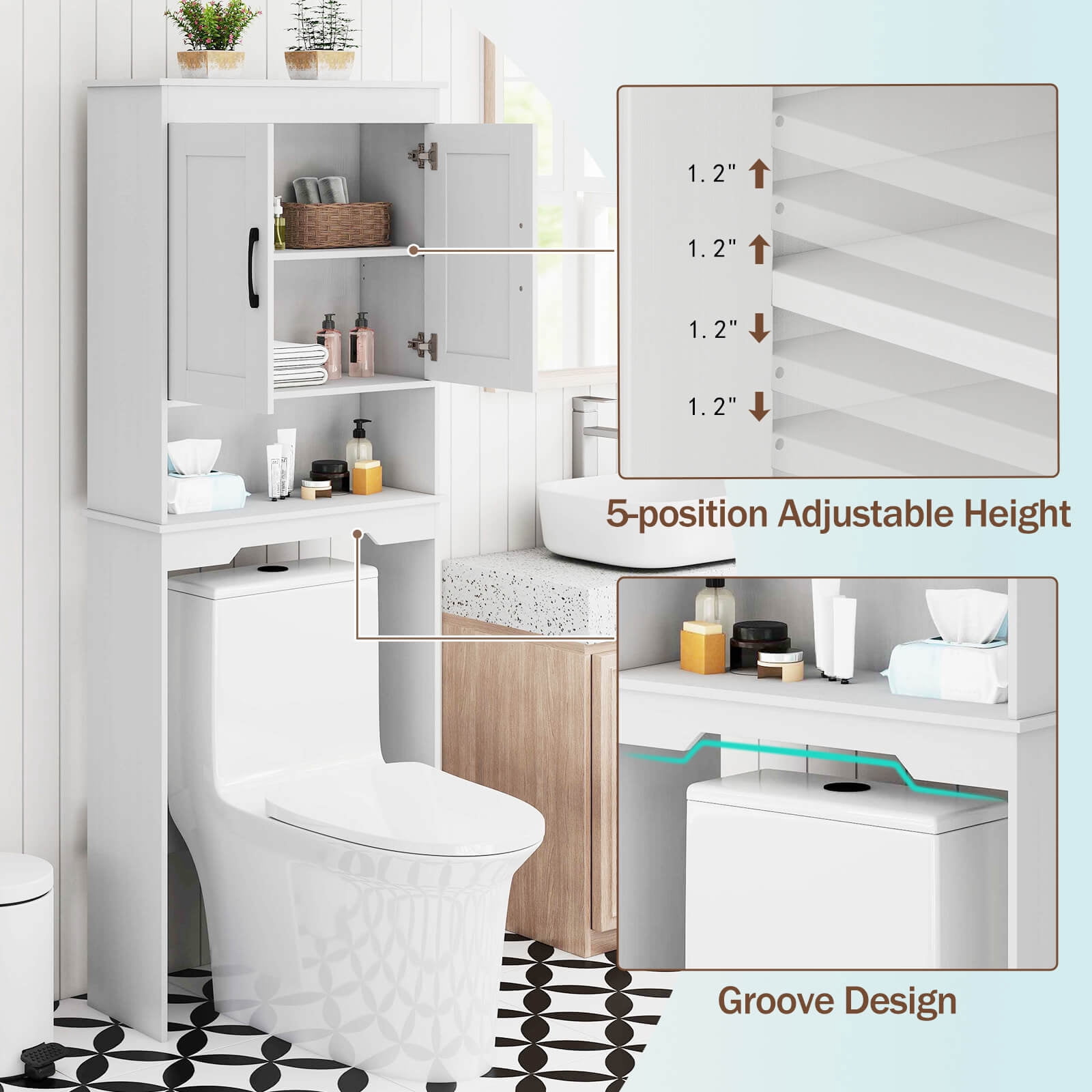 Costway Over The Toilet Storage Cabinet Bathroom Organizer w/ Adjustable Shelf - Image 5
