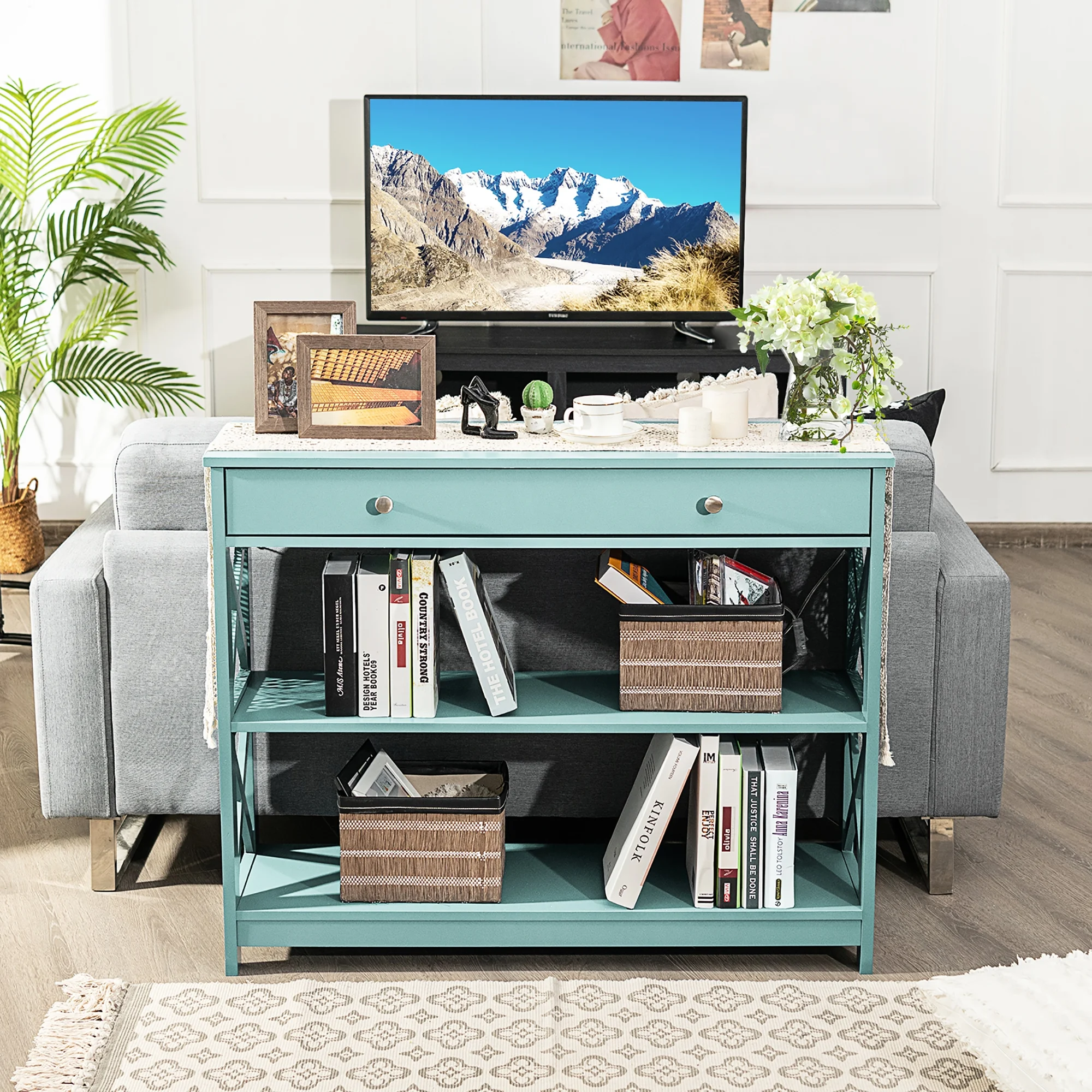 Costway 3-Tier Console Table X-Design Sofa Entryway Table with Drawer & Shelves Turquoise - Image 7