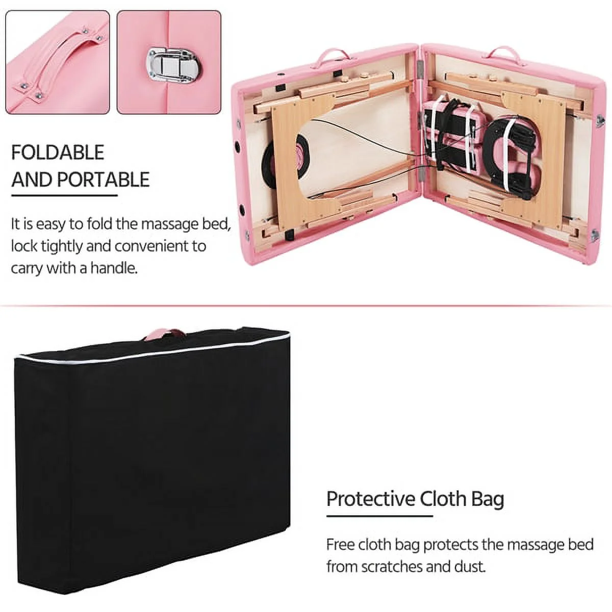 Alden design Fold Portable Massage Table w/ Removable Headrest Armrests, Pink - Image 14