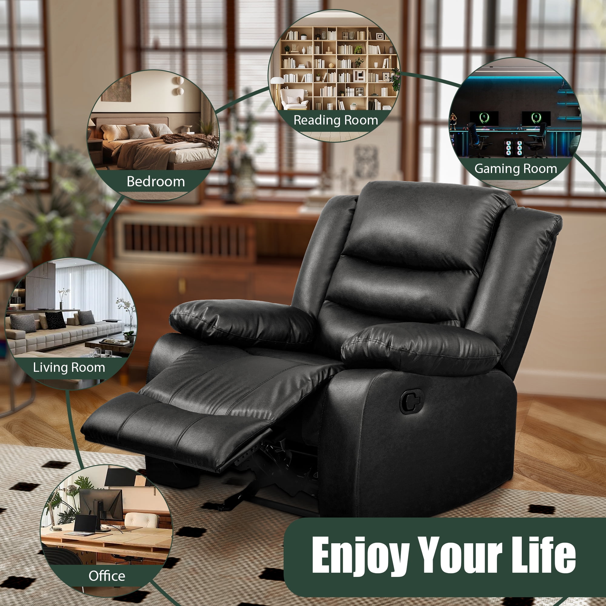 TrumanPick Manual Recliner Rocker Chair, Leather Rocker Recliner Living Room Lazy Boy Reclining Chairs for Adults Small Spaces, Black - Image 7