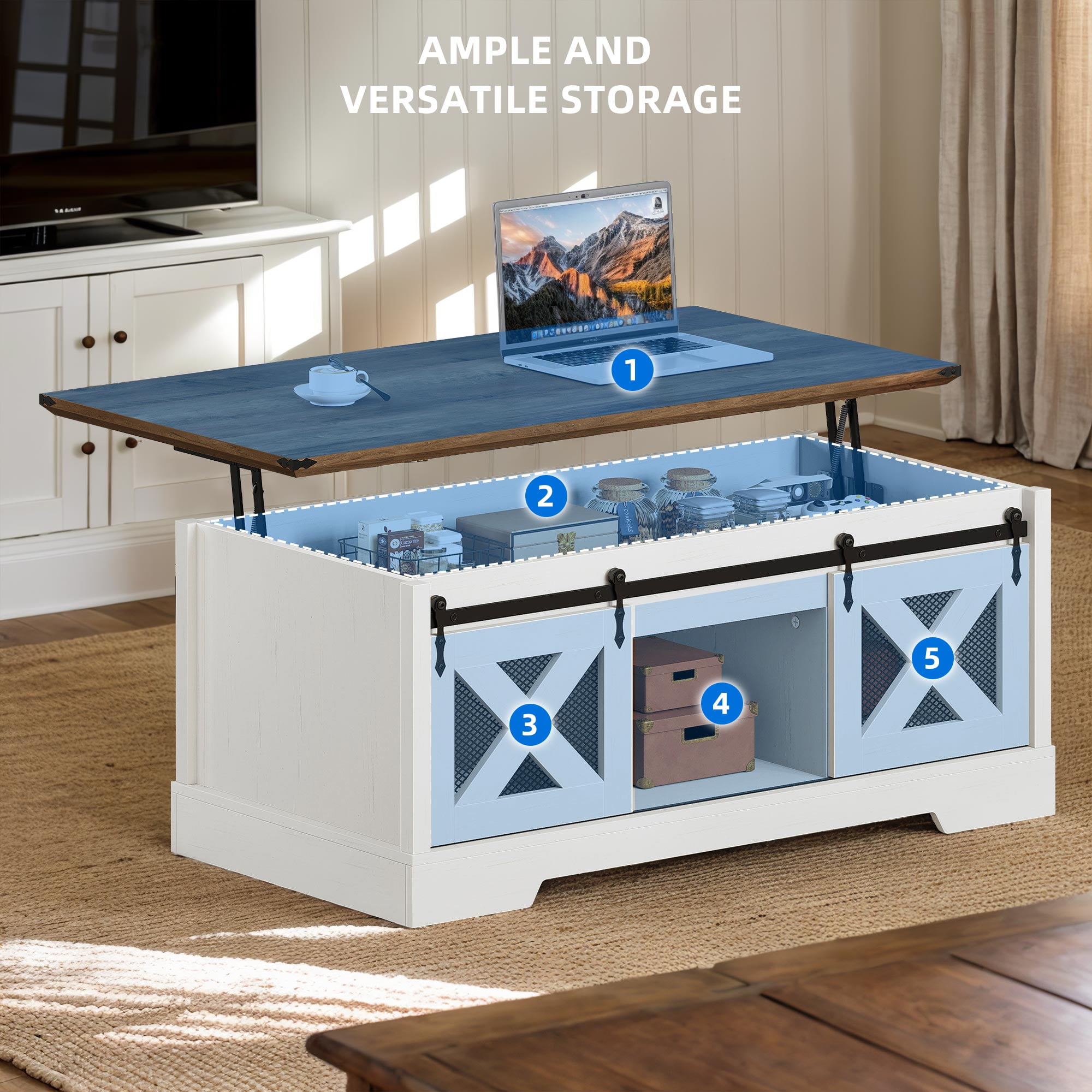 Dextrus Farmhouse Lift Top Coffee Table with Storage & Sliding Door, Rustic Center Table for Living Room, White and Brown - Image 6