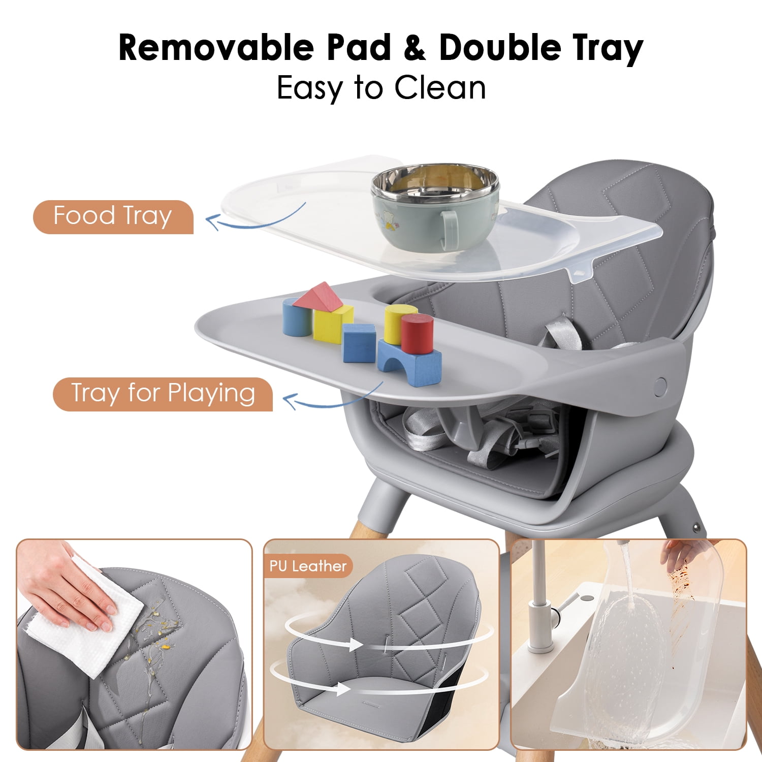 Beberoad Love Baby High Chair, 4 in 1 Wooden Highchair Convertible High Chair Booster Toddler Chair with Double Removable Tray, 5-Point Harness & PU Cushion for Babies Infants Toddlers Grey - Image 2