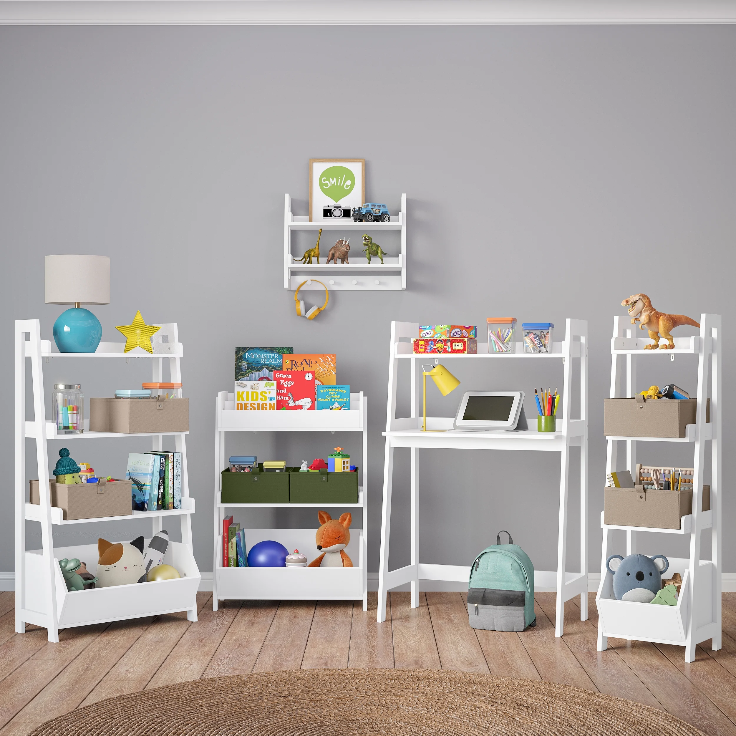RiverRidge Kids Art Table Desk with Ladder Shelf and Open Storage Shelf for Playroom - White with 2 10" Floating Bookshelves - Image 2
