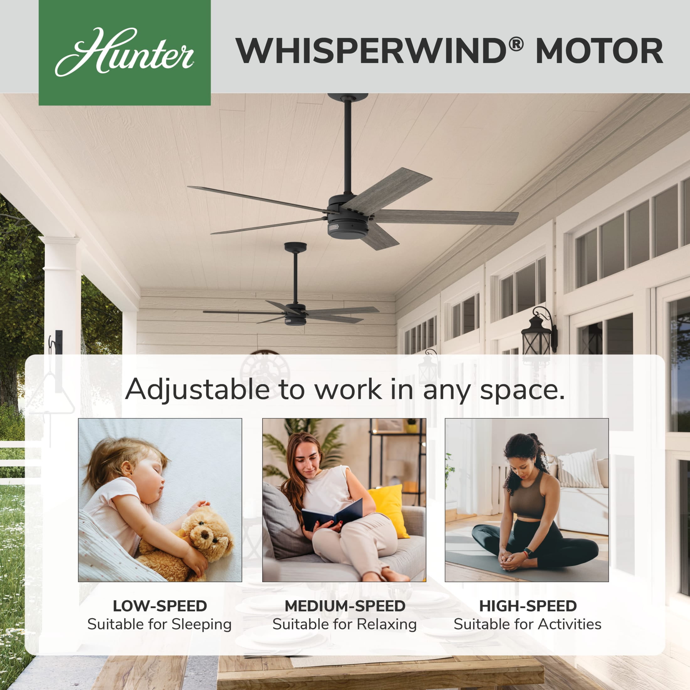 Hunter 52 inch Outdoor or Indoor Ceiling Fan No Light - Black Ceiling Fan without Light, For Patio, Porch, Garage, or Living Room, Standard Mount, 5 Blades, Wall Control - Burton 52247, Matte Black - Image 4