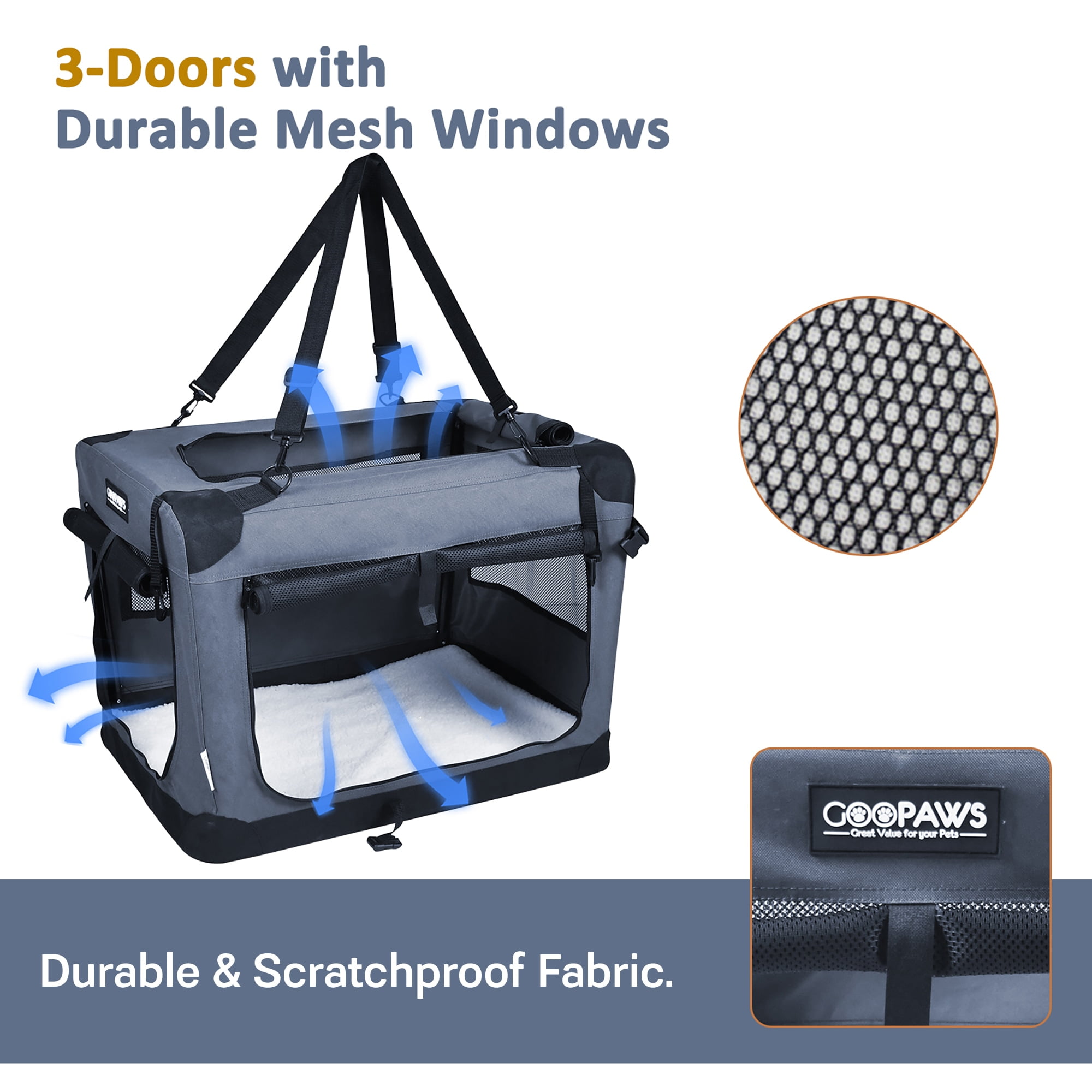 JESPET & GOOPAWS: 27" Soft Pet Crate - Grey - Dogs & Cats Up to 35 lbs, 3 Door Folding Kennel, Indoor Outdoor Travel Carrier, Mesh Windows, Fleece Mat - Image 5