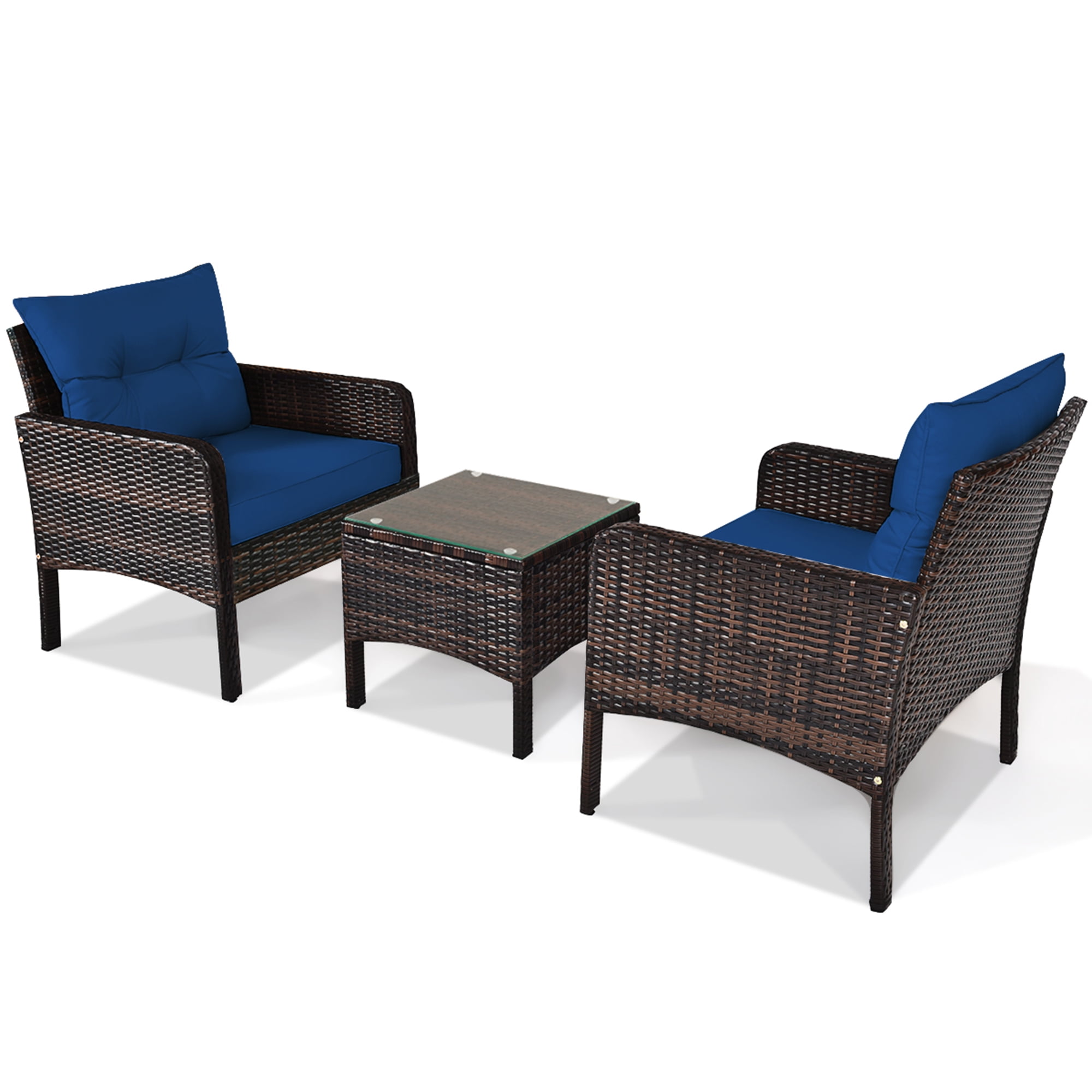 Gymax 3PCS Rattan Patio Conversation Furniture Set Yard Outdoor w/ Navy Cushions - Image 10