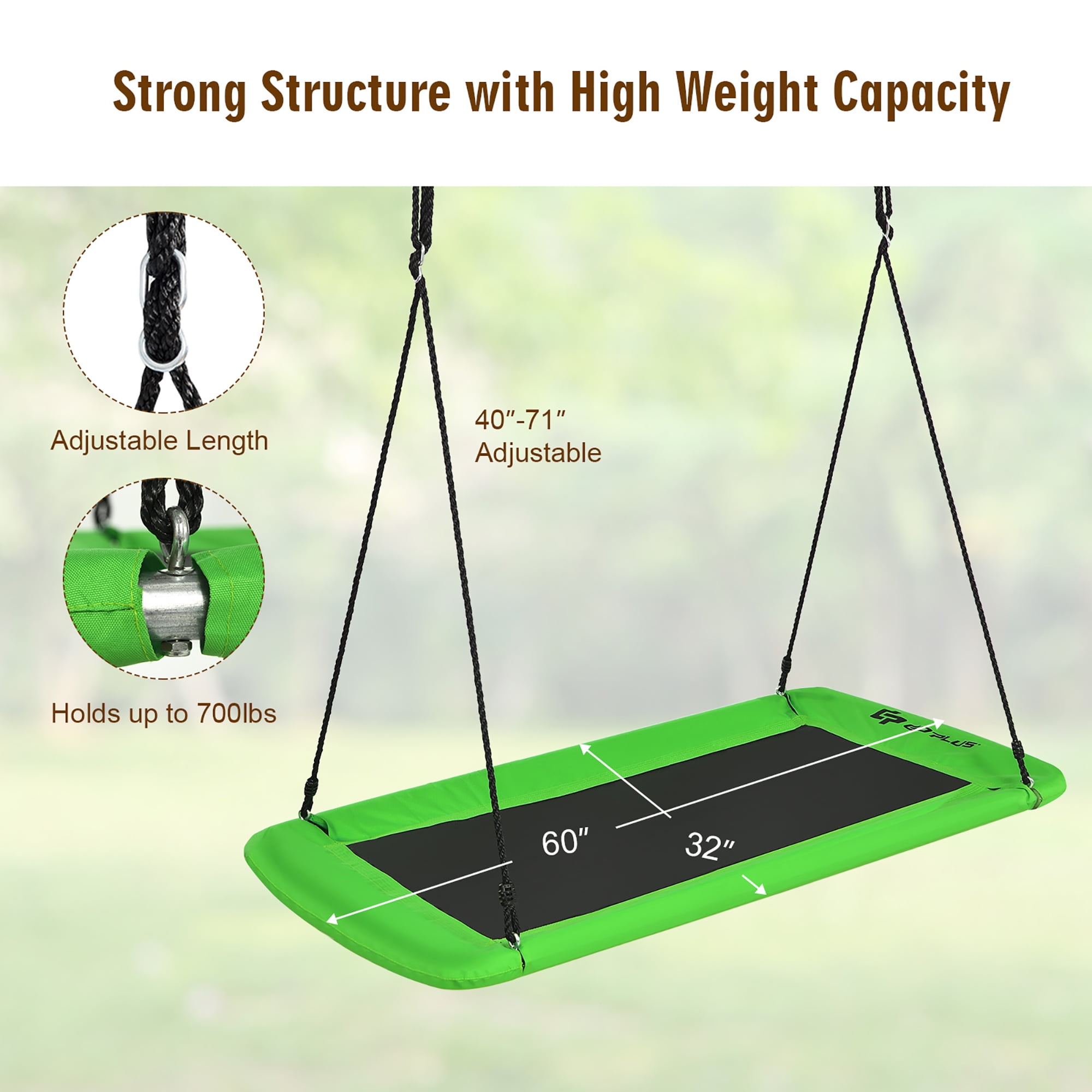 Goplus 700lb Giant 60'' Platform Tree Swing Outdoor w/ 2 Hanging Straps Green - Image 2