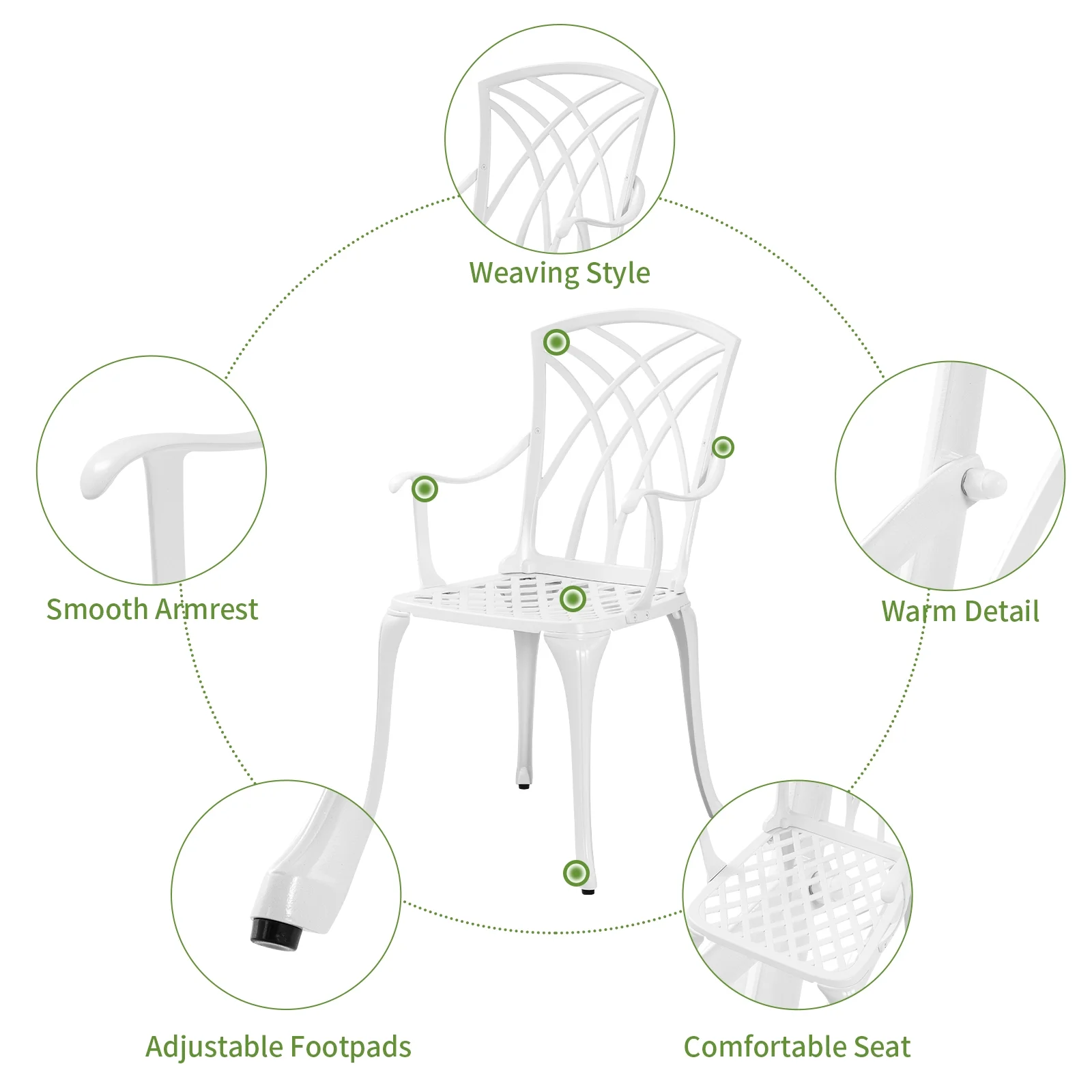 PATIO-IN 3 Piece Patio Set Outdoor Cast Aluminum Bistro Table and Chairs Set of 2 with 1.97"Umbrella Hole for Garden,White - Image 7