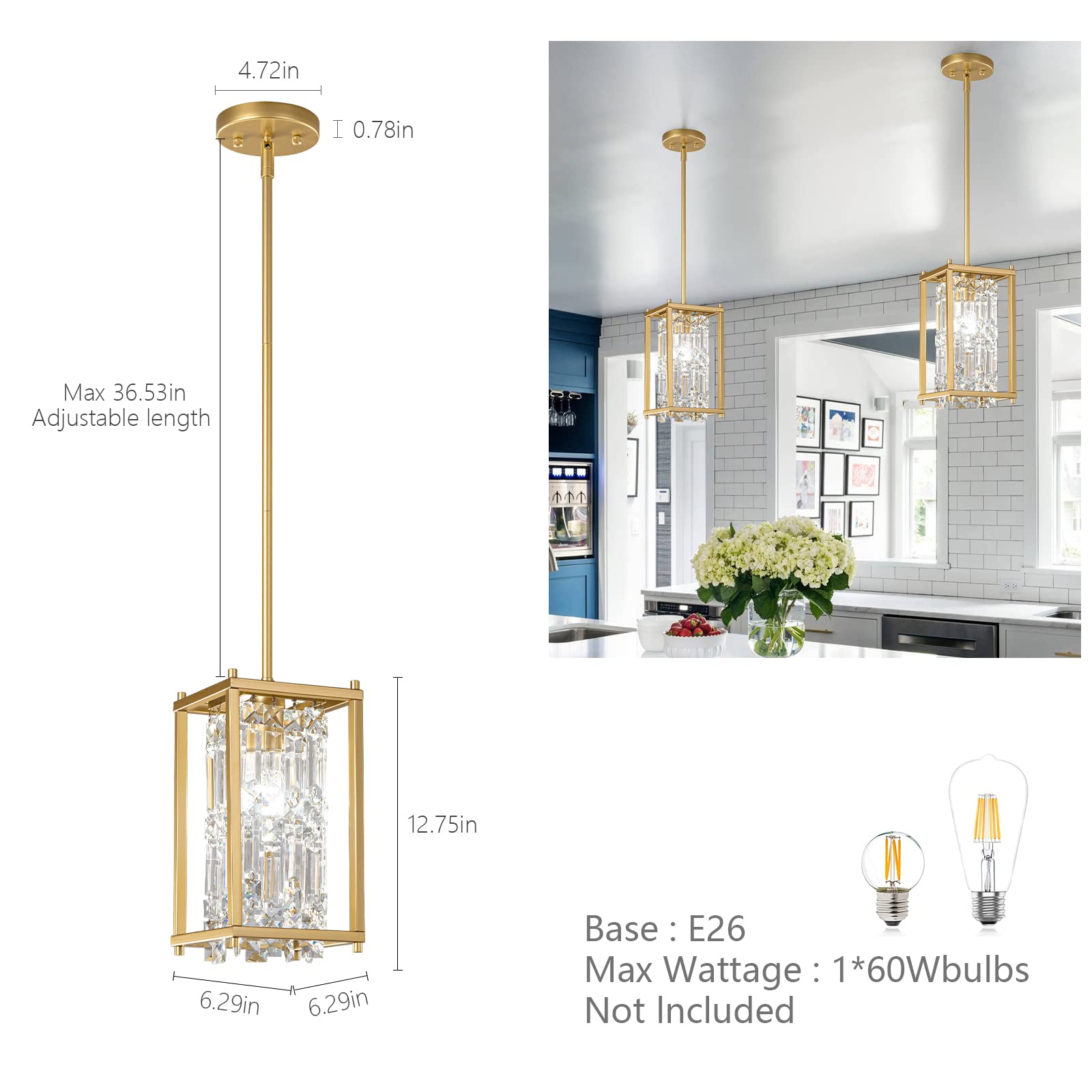 ZHLWIN Dining Room Light Fixture Semi Flush Mount Ceiling Light Fixture, Lndustrial Farmhouse Chandelier Gold Metal Crystal Pendant Light for Hallway Balcony Kitchen Island - Image 3