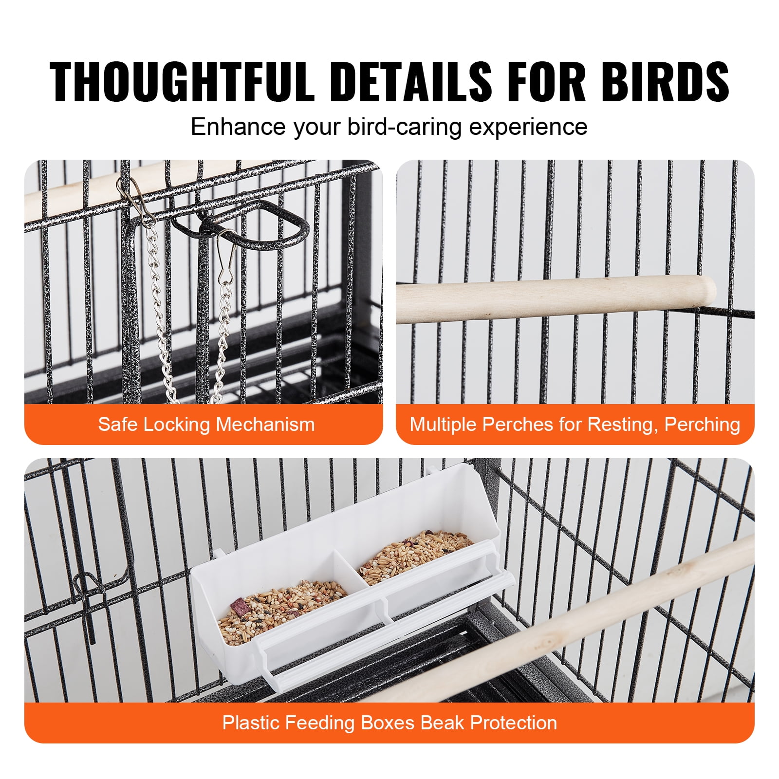 VEVOR 52'' Standing Large Bird Cage with Rolling Stand and Castor Wheels, Rolling Metal Birdcage with 3 Perches and 4 Feeders, Large Wrought Carbon Steel Birdcage for Parakeets, Pigeons, Finches - Image 5