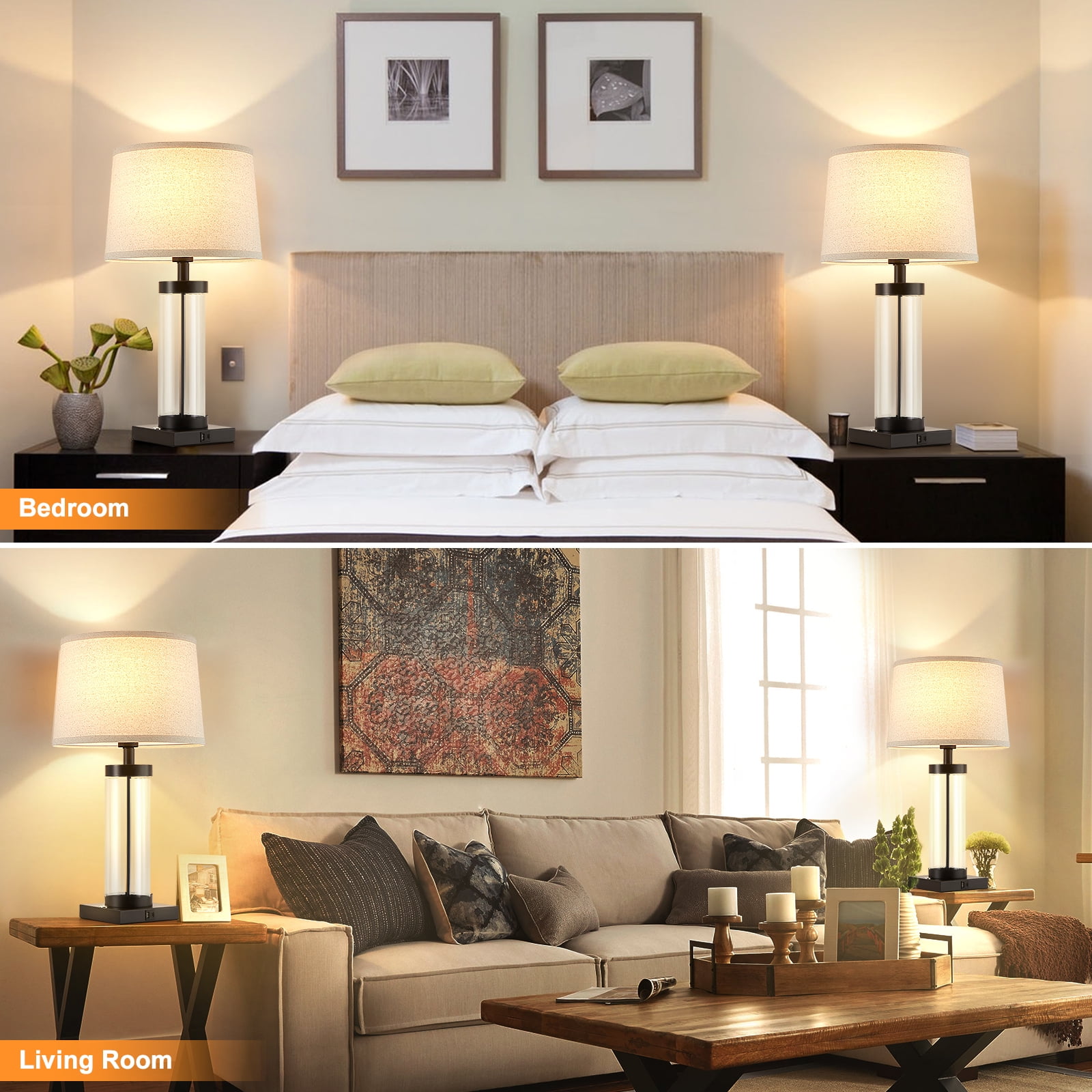 NATYSWAN Glass Table Lamps Set of 2 ,3 Way Dimmable Nightstand Touch Lamps for Living Room,Modern Bedside Reading Lights with USB Ports - Image 2