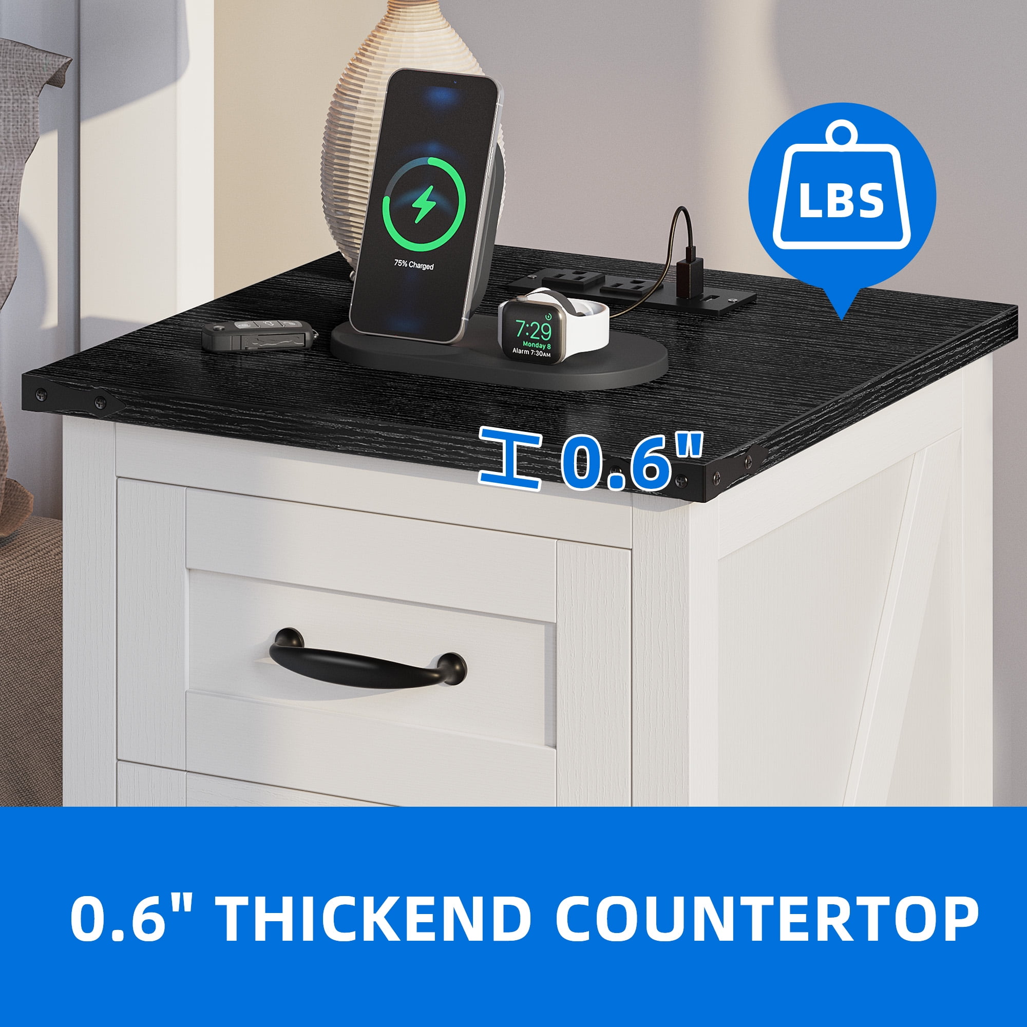 DEXTRUS Farmhouse Nightstand End Table with Charging Station and LED Lights, Side Table with Door & Storage Shelf Nightstand for Living Room Bedroom - White - Image 8