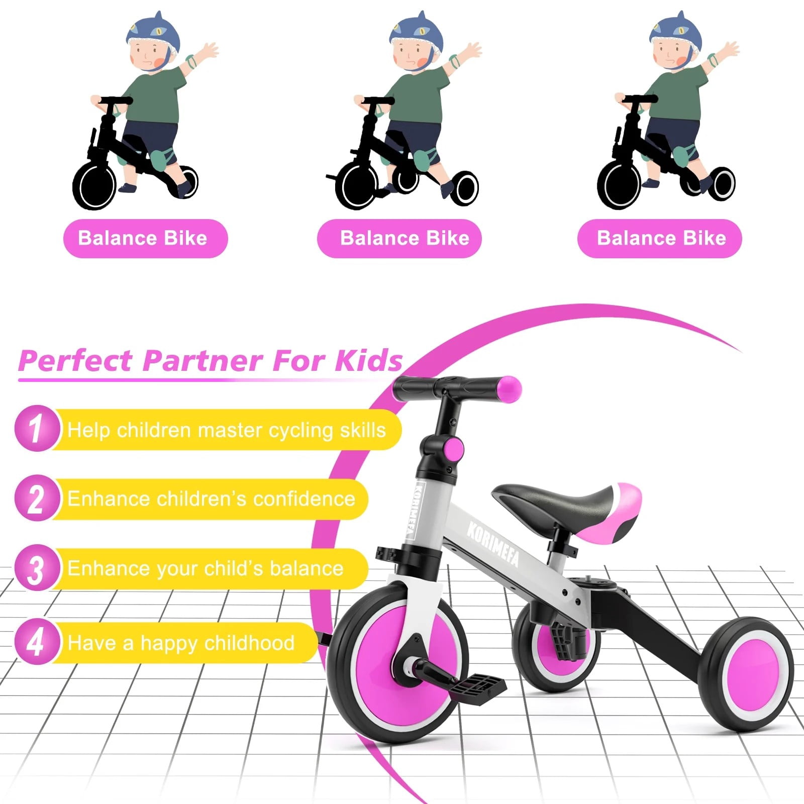 KORIMEFA 5 in 1 Kids Tricycle for 1-4 year olds, Toddler Bike Kids Trike for Balance Training, Baby Bike with Push Handle for Boy Girl - Image 13