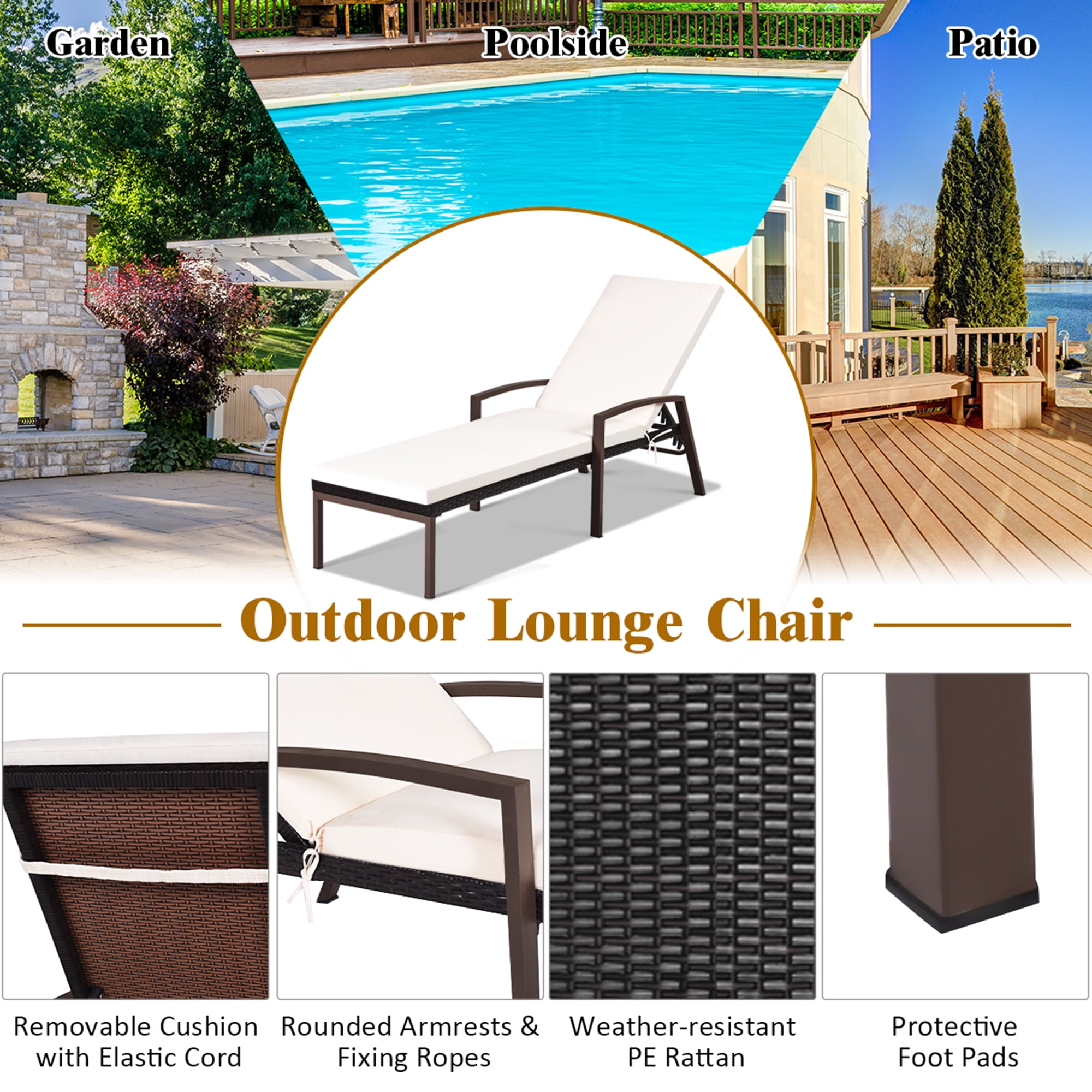 Costway Patio Rattan Lounge Chair Recliner Back Adjustable Cushioned Garden Brown - Image 6