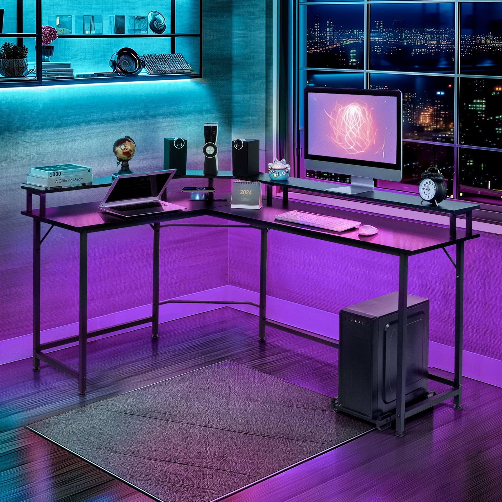 Ktaxon L-Shaped Gaming Desk with USB Wireless Charging, 55" Computer Desk with Monitor Stand, Corner Writing Desk with LED Light, Black - Image 3