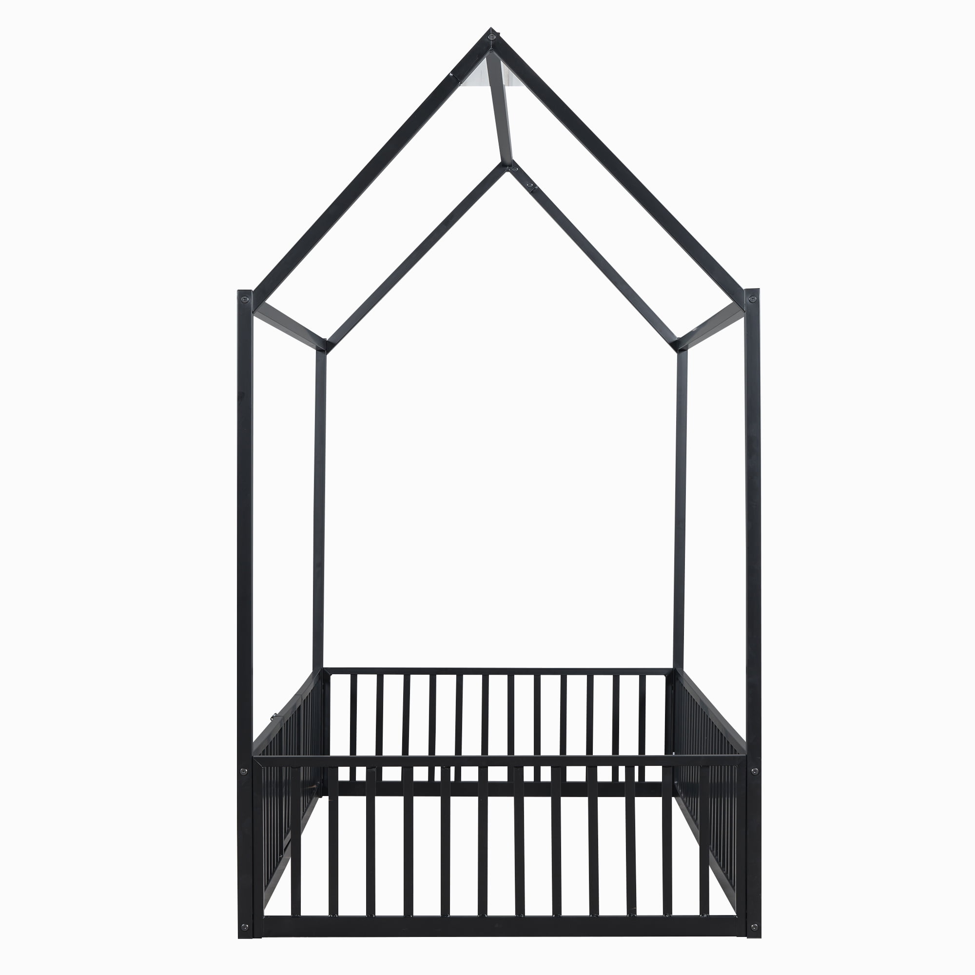 Euroco Metal Twin Size House Bed Frame, Low Profile Canopy Bed with Fence and Door for Kids, Black - Image 8