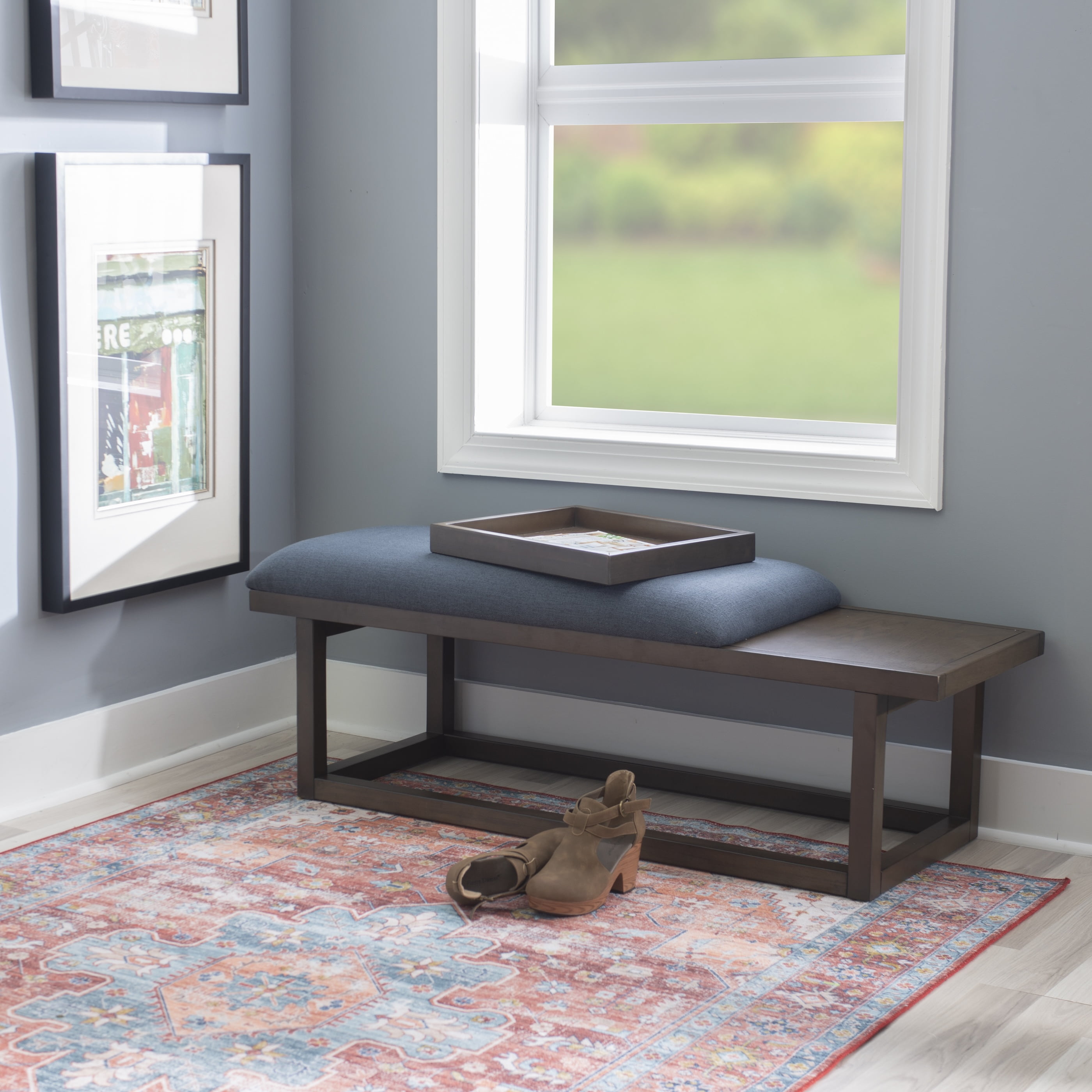 Powell Mickle Upholstered Bench with Built-In Tray, Brown/Navy - Image 10