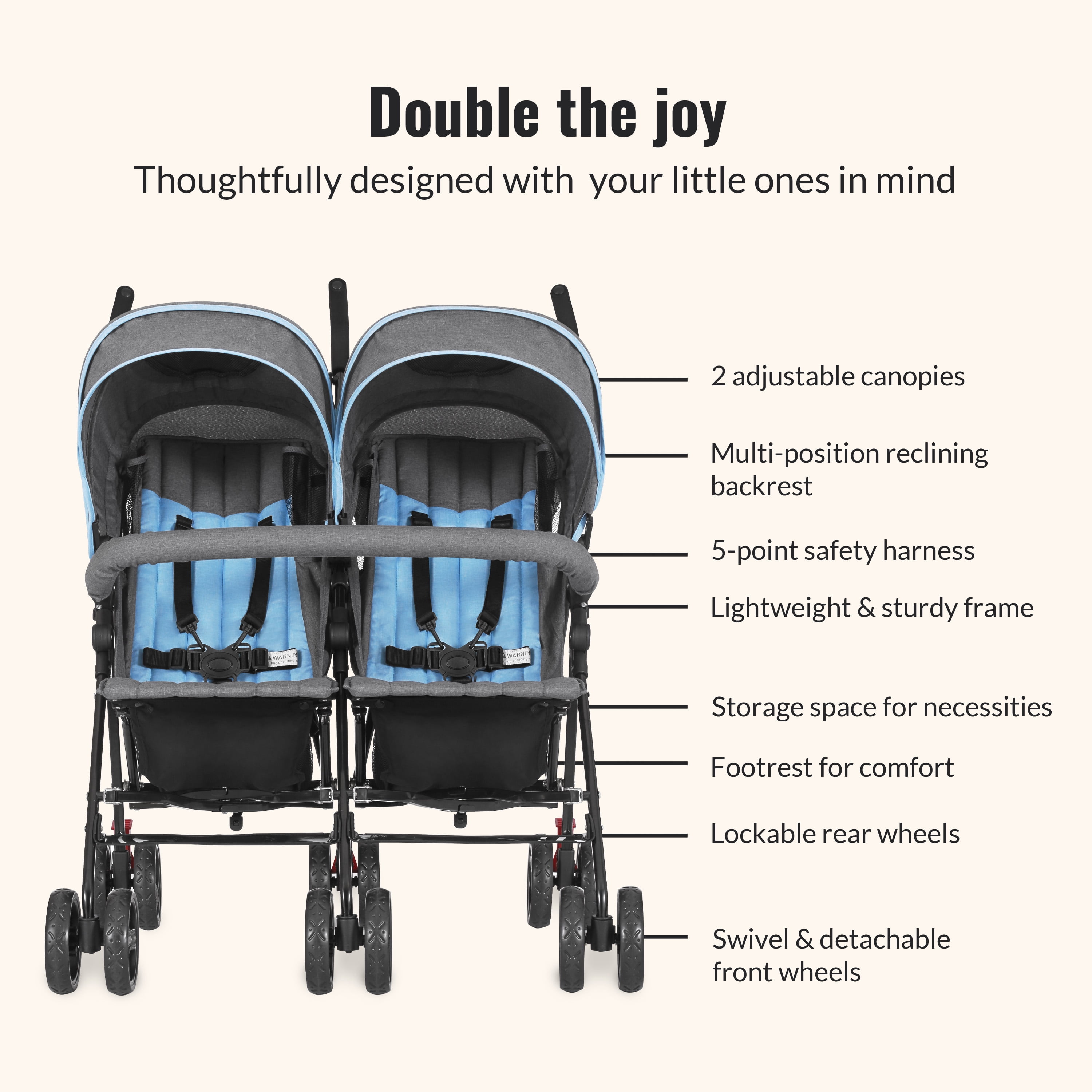 Dream On Me Volgo Twin Umbrella Stroller, Blue and Dark Grey - Image 6