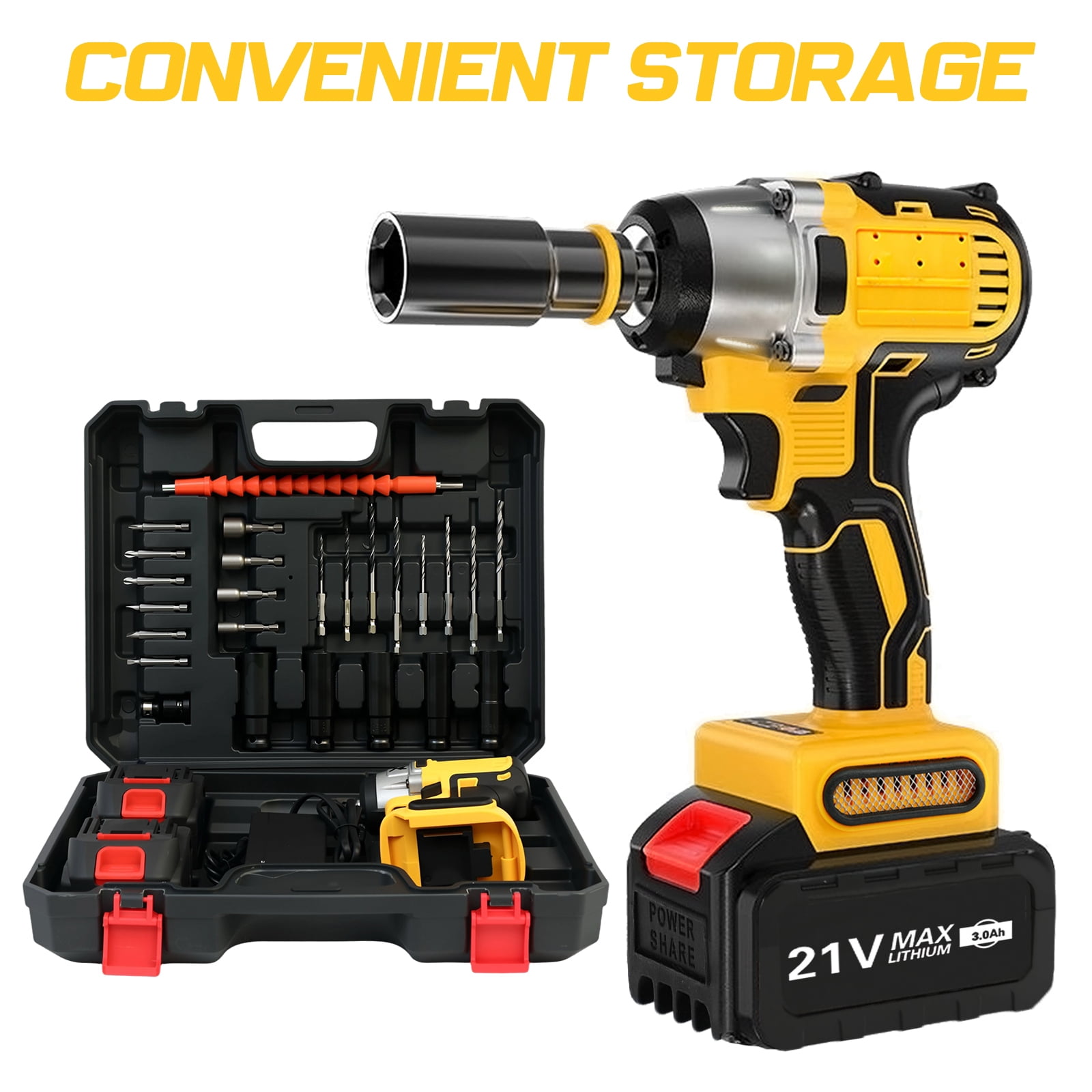 21V Cordless Impact Wrench with 2 Batteries,Brushless Motor 1/2" Impact Drill,Impact Gun Max Torque 280 ft lbs (380N.m),30Pcs Tool Set for Home,Yellow - Image 5