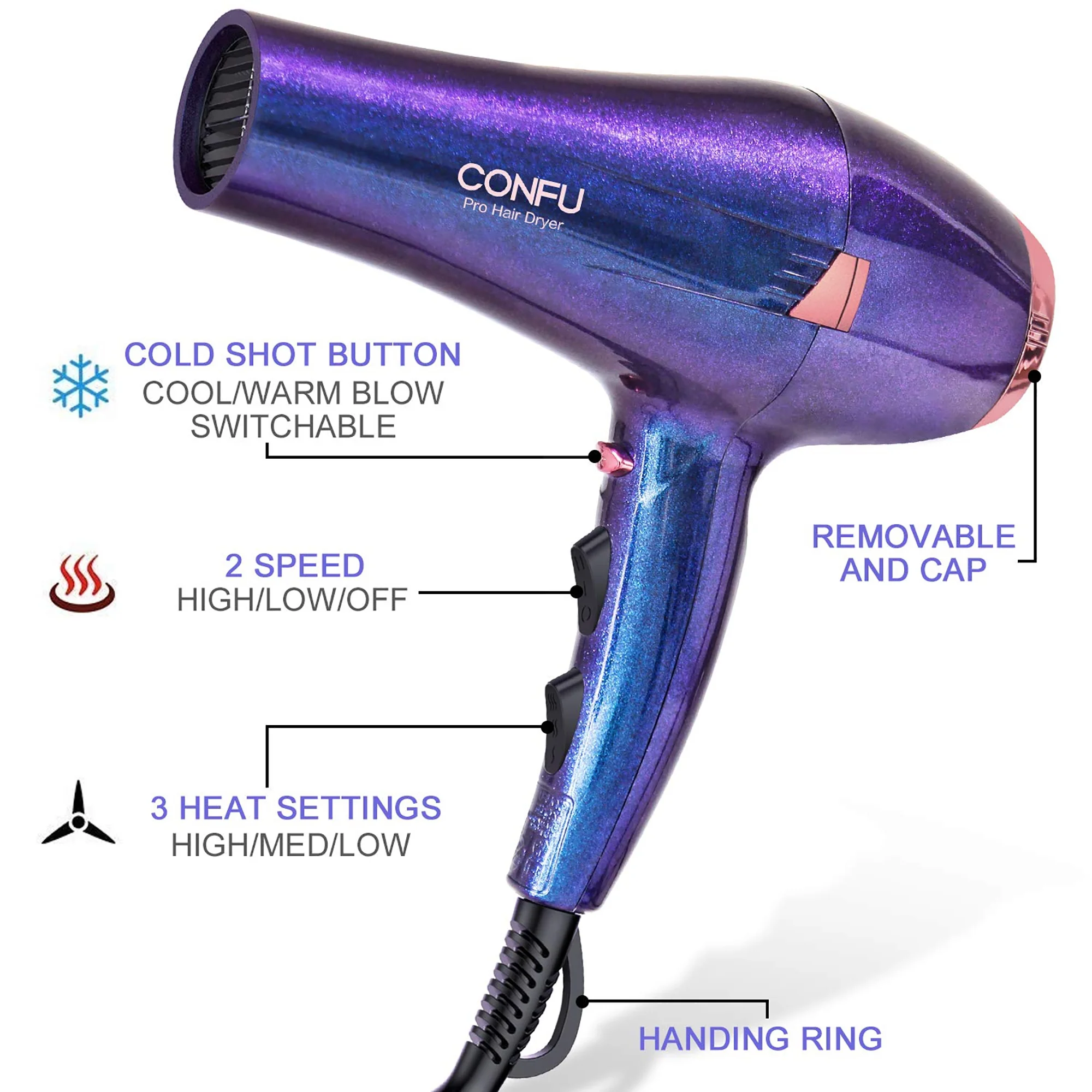 Hair Dryer, CONFU 1875W Professional Ionic Blow Dryer for Hair Care,3 Attachments for Home Salon Travel, Purple - Image 11