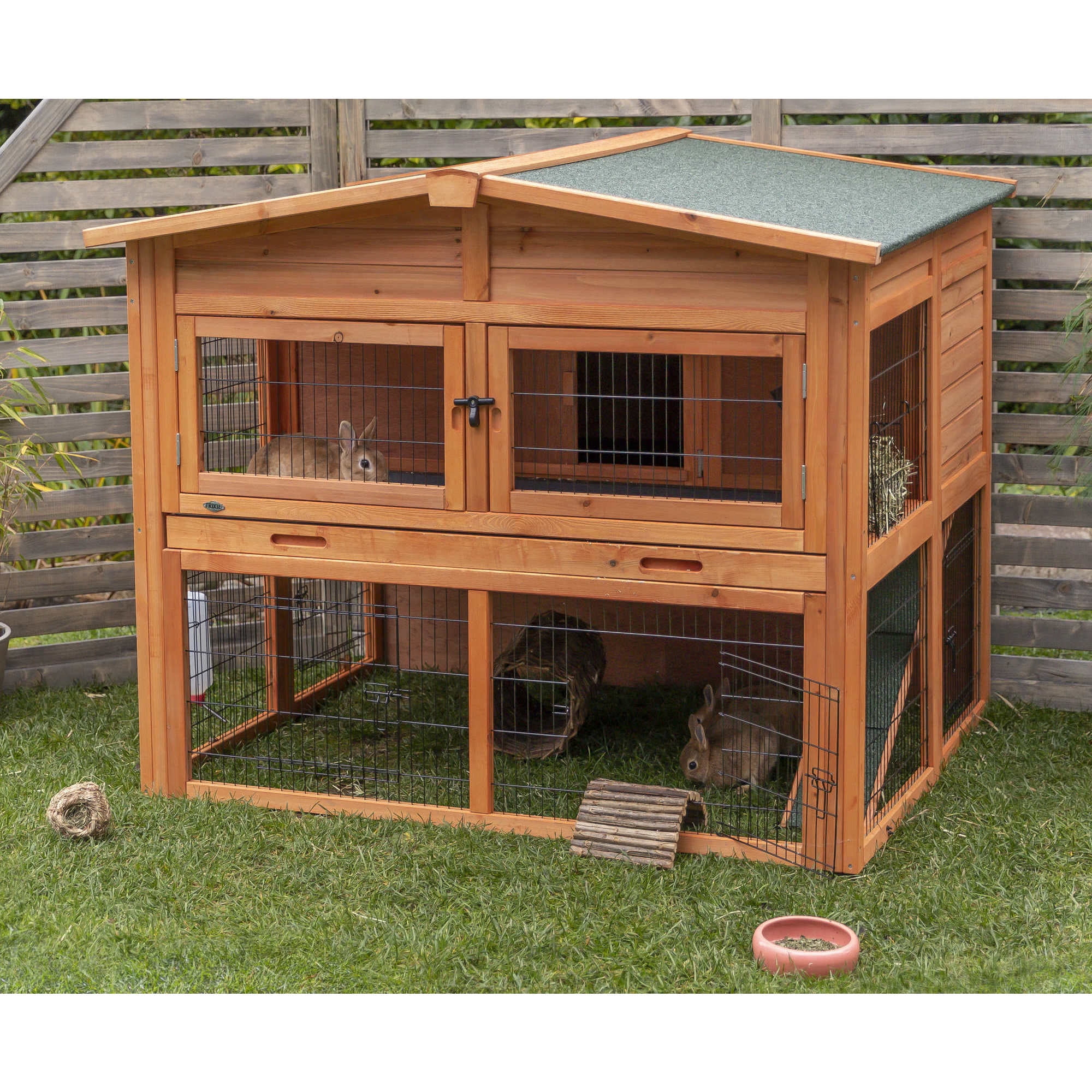 TRIXIE Deluxe Weatherproof Outdoor 2-Story Large Wooden Small Animal Hutch, Run, Tray, Brown - Image 2