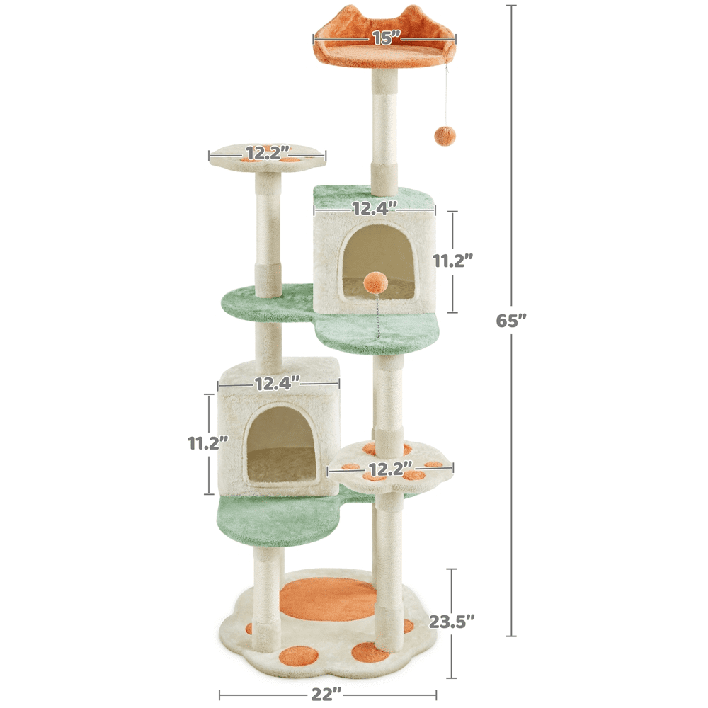 Alden Design 65″ Tall Cat Tree Paw-Shaped Play Tower for Small/Medium Cats, Beige - Image 8