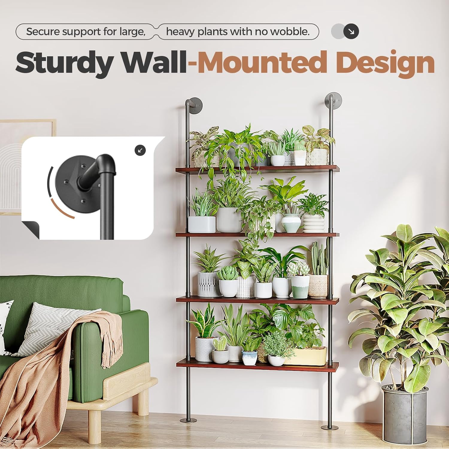 Bamworld Large Plant Shelf Indoor 4-Tier Tall Plant Rack 73in Wall Mount Metal Plant Stand Large Plant Holder - Image 2