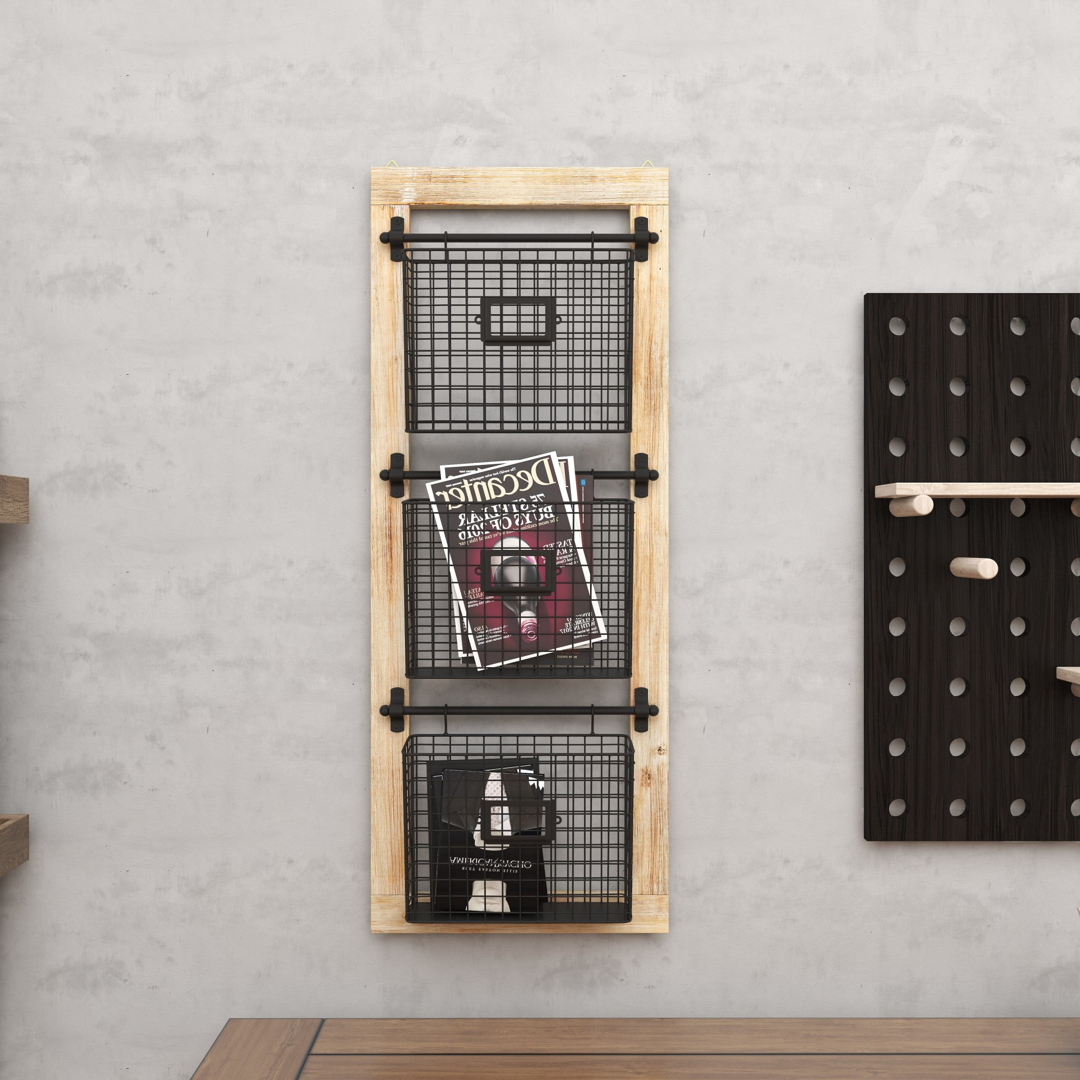 DecMode 36" Black Metal 3 Slot Suspended Wire Basket Magazine Rack Holder with Label Slot - Image 15