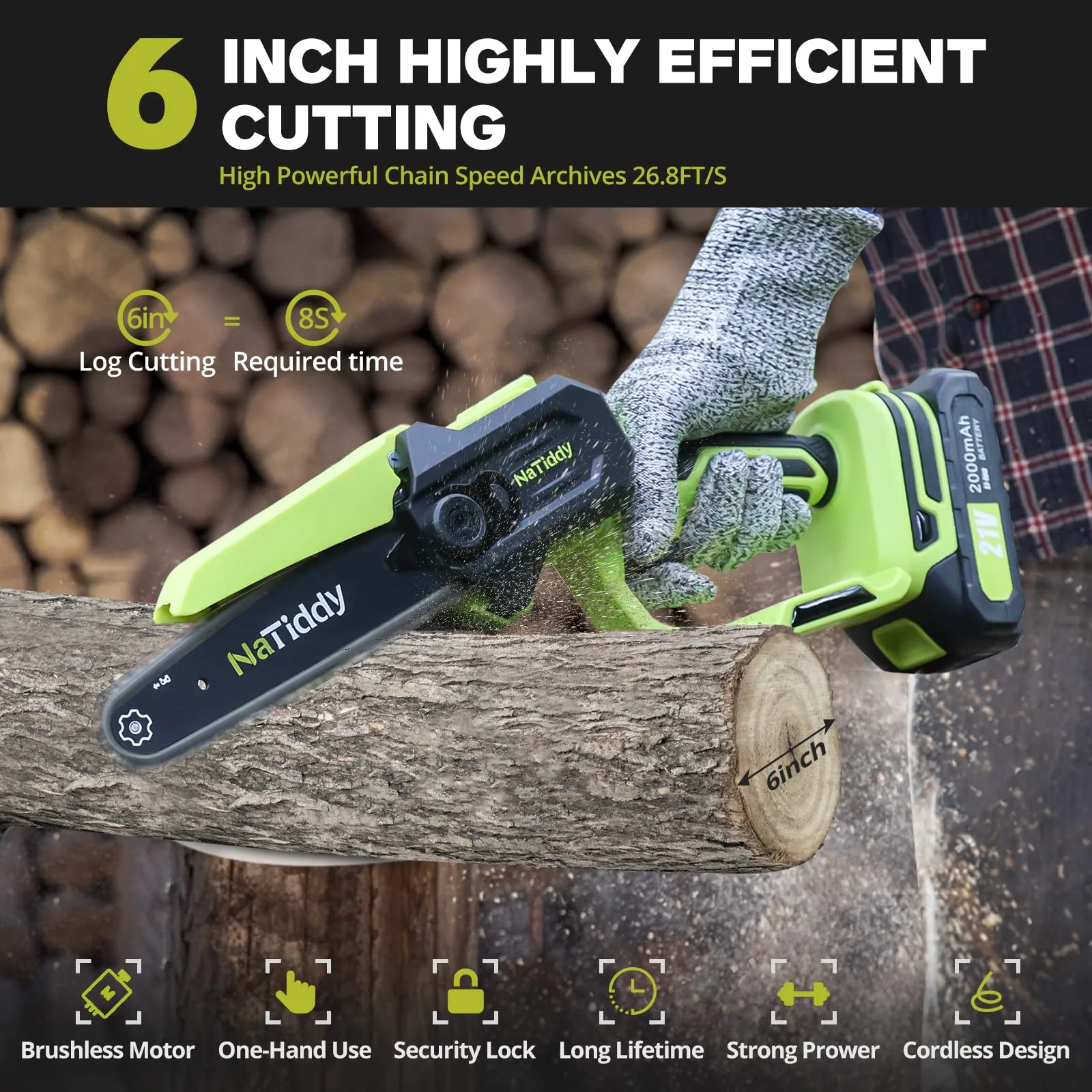 NaTiddy Mini 6” Battery Powered Chainsaw, 21V 2000mAh, Portable One-Handed Efficient Cutting - Image 3