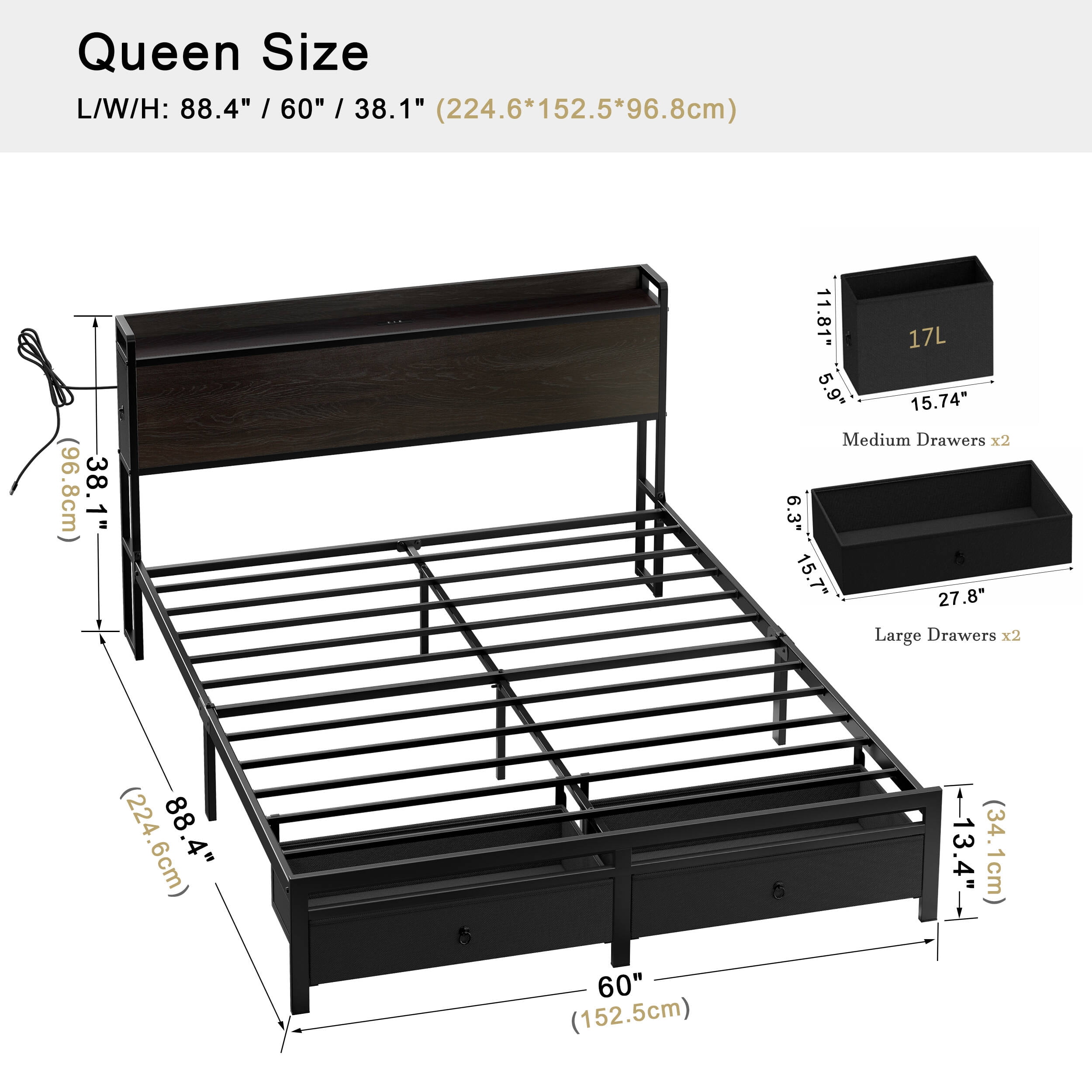 GUNAITO Queen Bed Frame with Storage Headboard Platform Bed with 2 Drawers Metal Bed with Charging Station, Dark Brown - Image 6