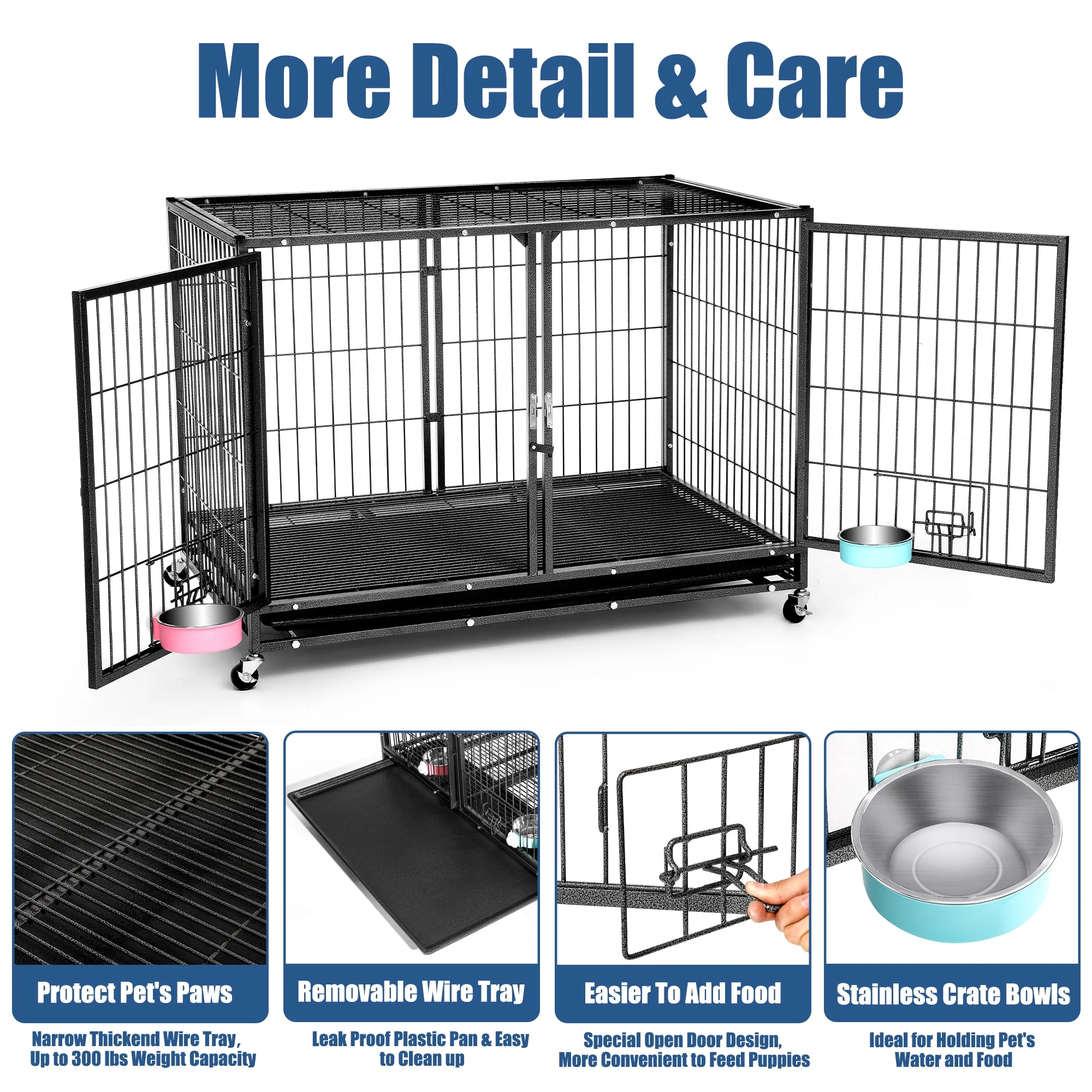 Suchown Heavy Duty Dog Crate – 37 Inch Escape-Proof Steel Cage for Small to Medium Dogs, Stackable Metal Kennel with Double Door, Lockable Wheels, Removable Tray & Feeding Bowls, Indoor/Outdoor Use - Image 6
