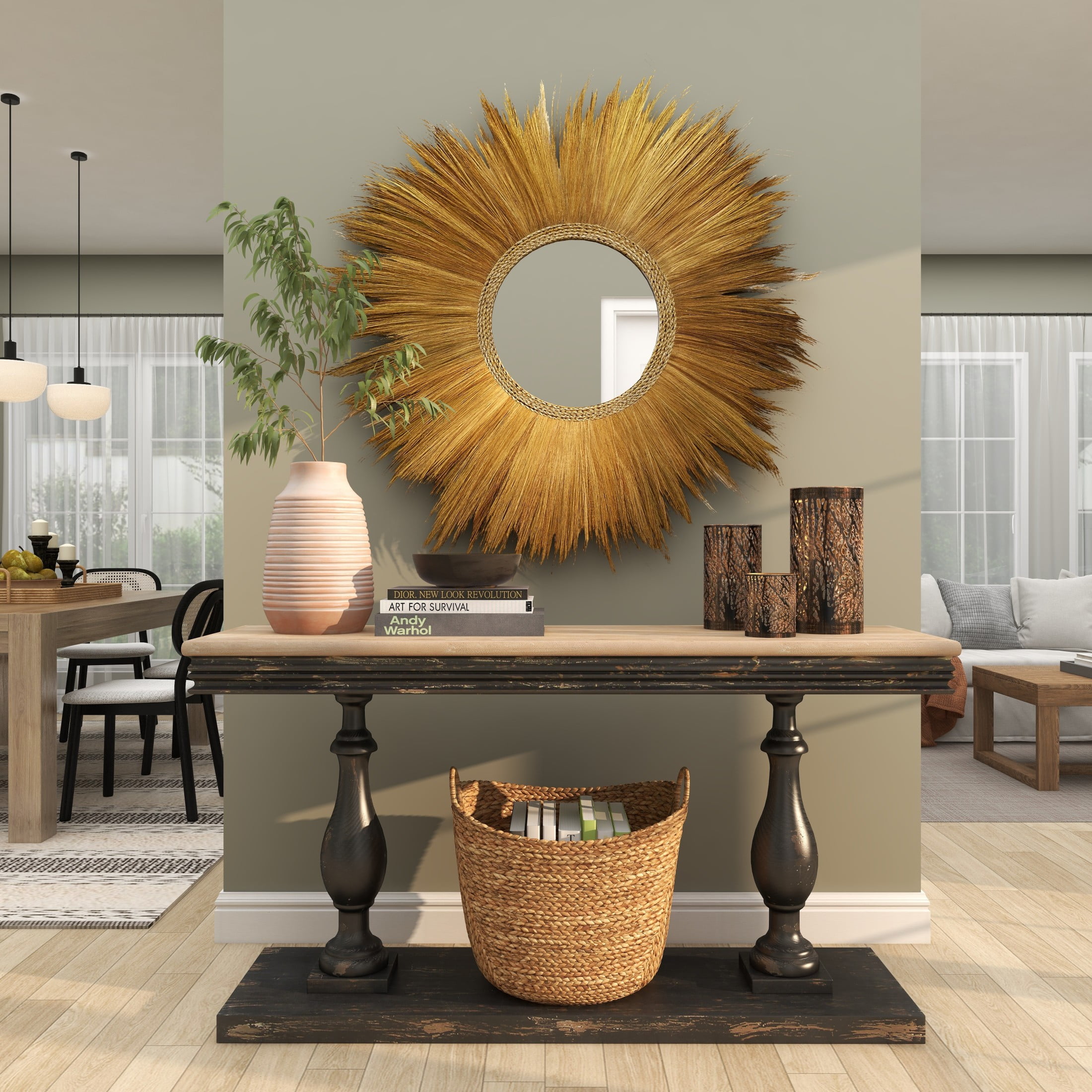 DecMode 45" x 45" Brown Tribal Inspired Sunburst Grass Wall Mirror with Coiled Rope Center - Image 10