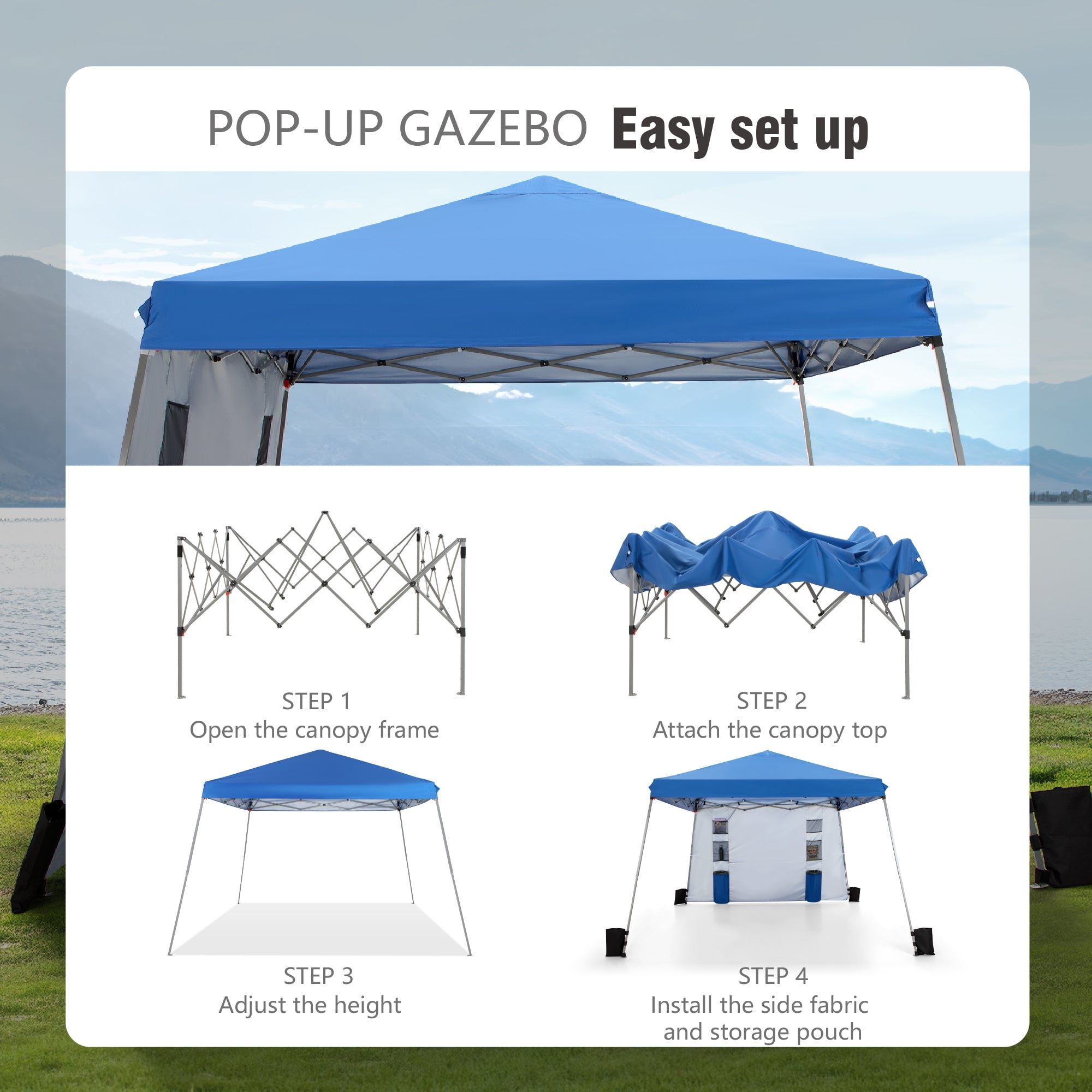 Alpha Joy 12' W x 12' D Pop-up Canopy Blue Slant Leg Outdoor Canopy Instant Canopy Tent with Side Wall - Image 6