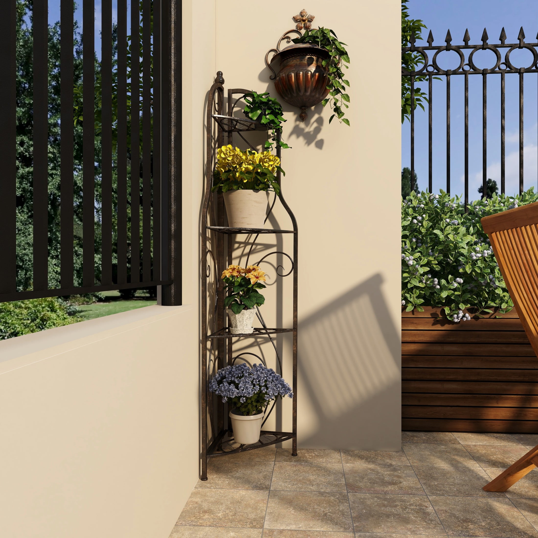 DecMode 17" x 60" Black Metal Scroll Indoor Outdoor Arched Tall Folding Corner 4 Shelf Bakers Rack, 1-Piece - Image 4