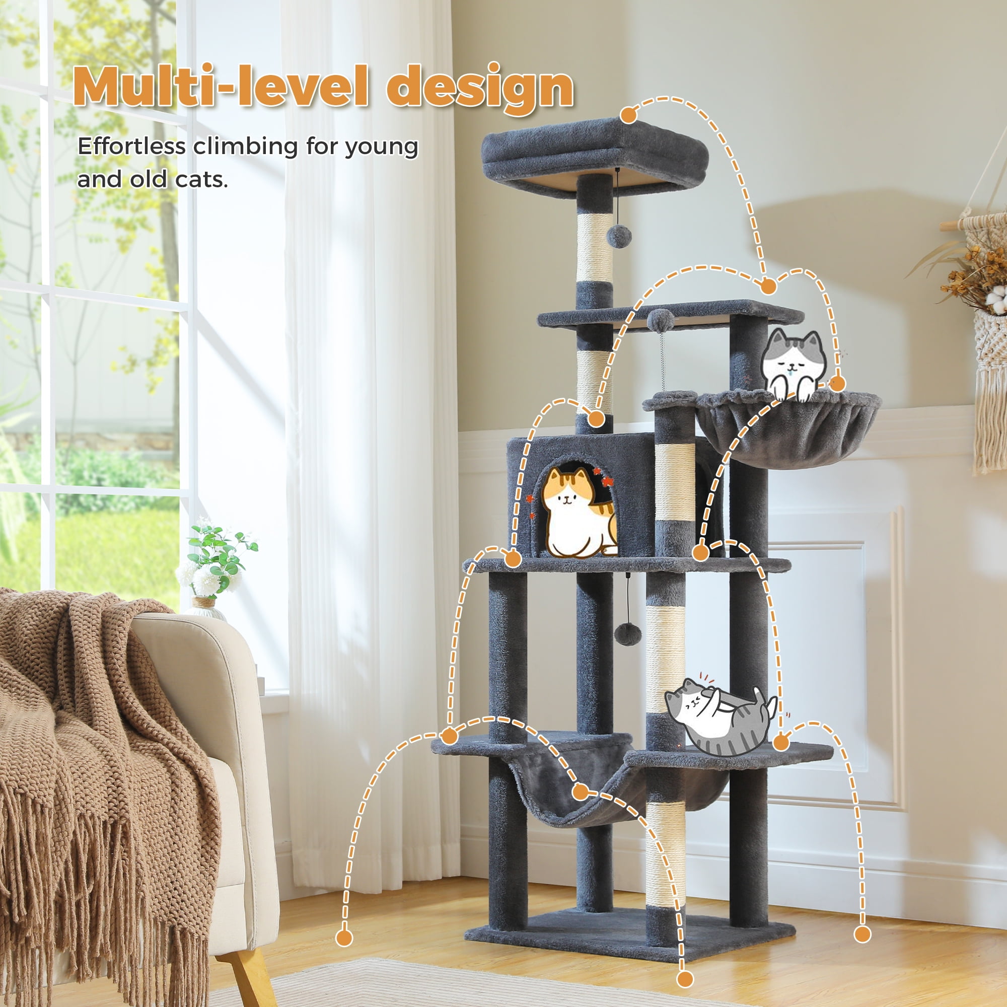 PAWZ Road 64" Cat Tree 5-Tier Sisal Scratching Post Tower Hammock Perch for Indoor Cats, Dark Gray - Image 6