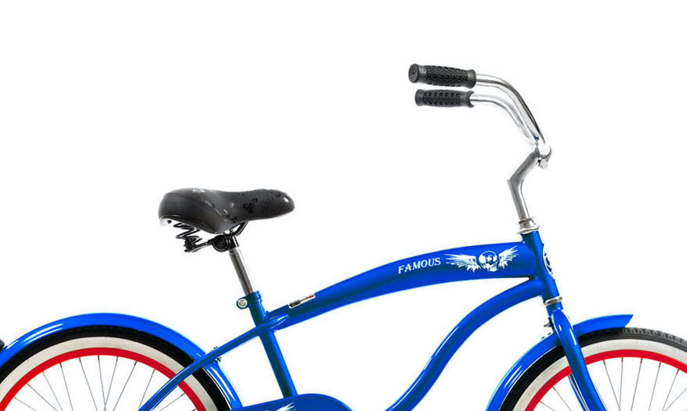 Wonder Wheels 20" Beach Cruiser Steel Frame Blue, Coaster Brake, Alloy Rims Red 36H, Stainless Steel Spokes, One Piece Crank, Tire White Wall, Seat & Grip Black, Fender Blue - Blue & Red - Image 2