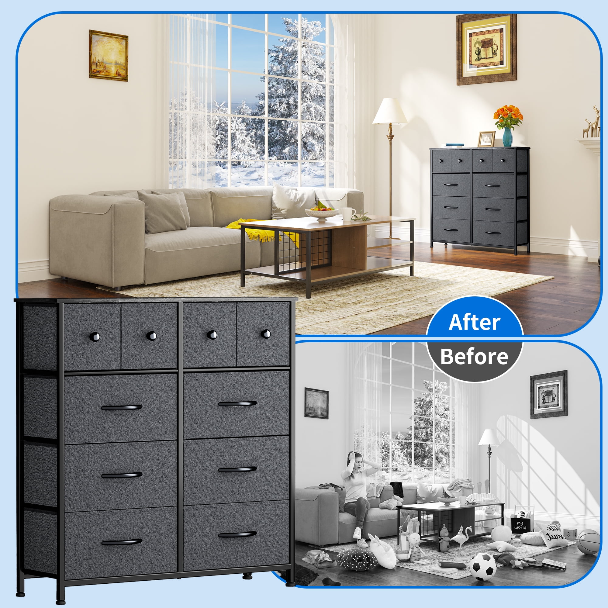 DEXTRUS Fabric Dresser with 10 Drawers with Sturdy Steel Frame, Wooden Top for Bedroom, Gray - Image 3