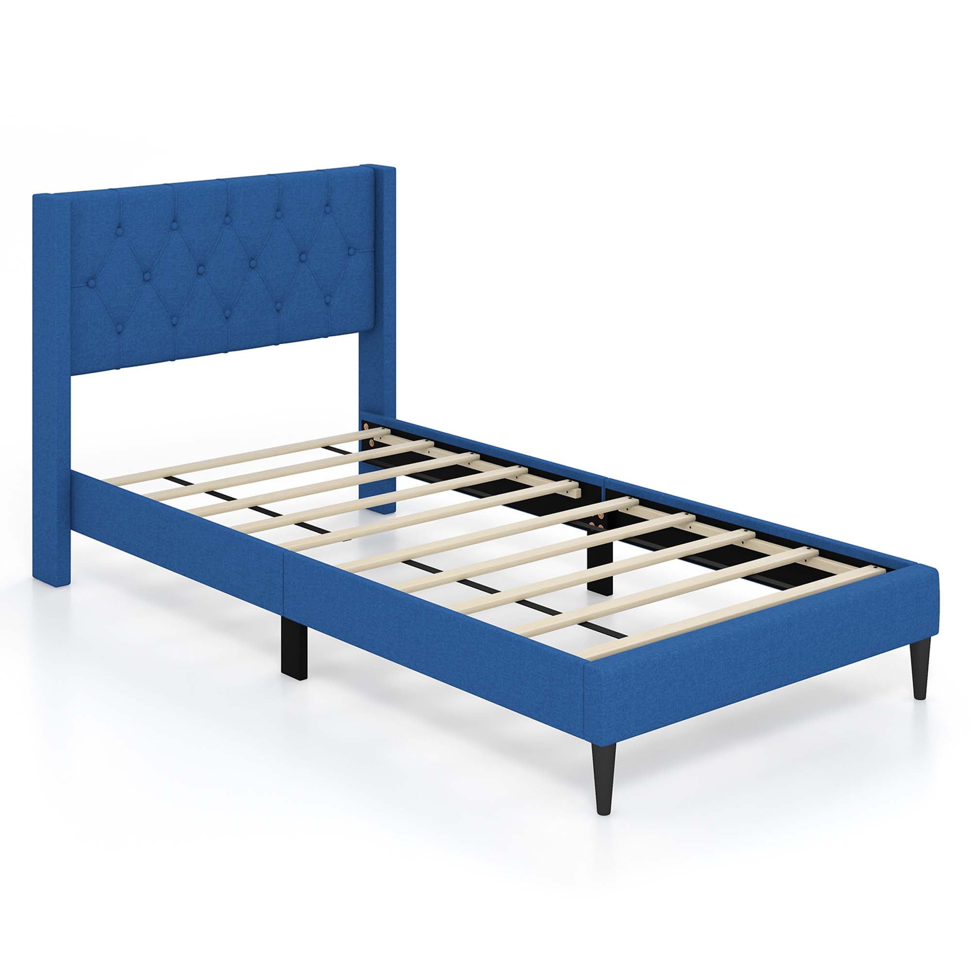 Costway Twin Size Upholstered Platform Bed with Button Tufted Wingback Headboard Blue - Image 5
