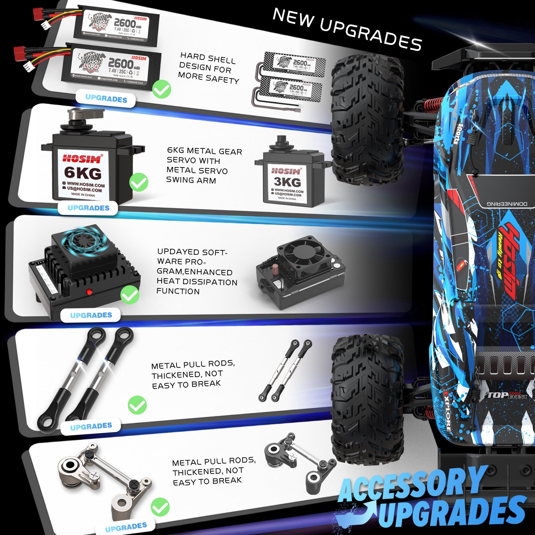 Hosim Brushless RC Cars 1:10 Remote Control Car,RC Monster Truck 4WD High Speed 40+MPH X-07 Blue - Image 4