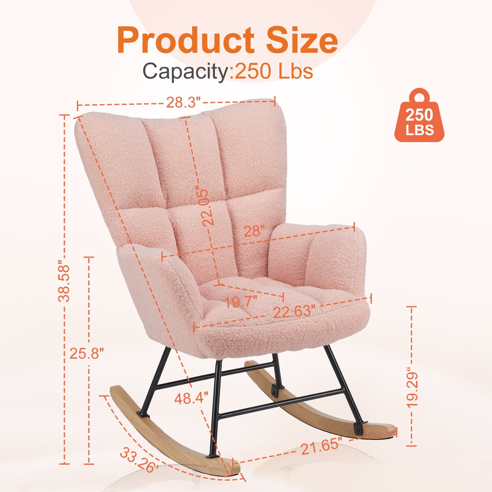 CONCETTA Nursery Rocking Chair with High Backrest and Padded Seat, Glider for Living Rooms, Bedrooms, and Offices, Pink - Image 3