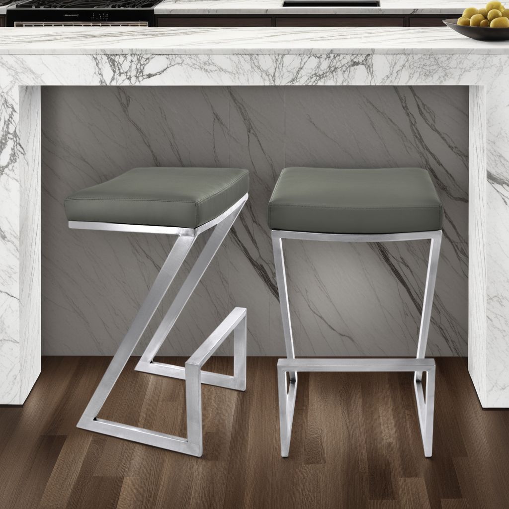 Armen Living Atlantis Backless Barstool, Brushed Stainless Steel Finish with PU Upholstery - Image 3