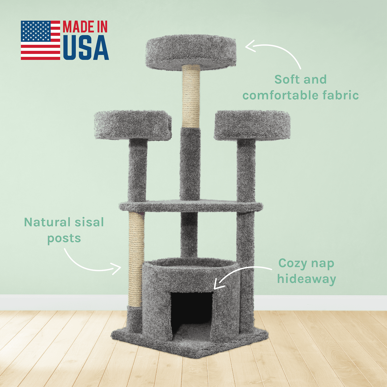 Kitty City Upholstered Multi-Level 54-Inch Indoor Cat Tree with Scratching Posts, House & Perches, Gray - Image 4