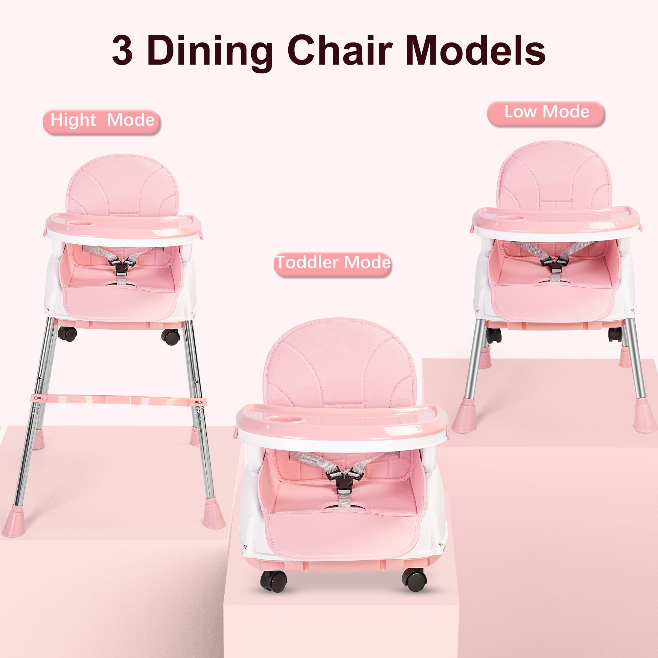 Minikid 5-in-1 High Chair with Wheels, 3-Point Seat Belt, Double-Layer Dinner Plate, Pink - Image 2