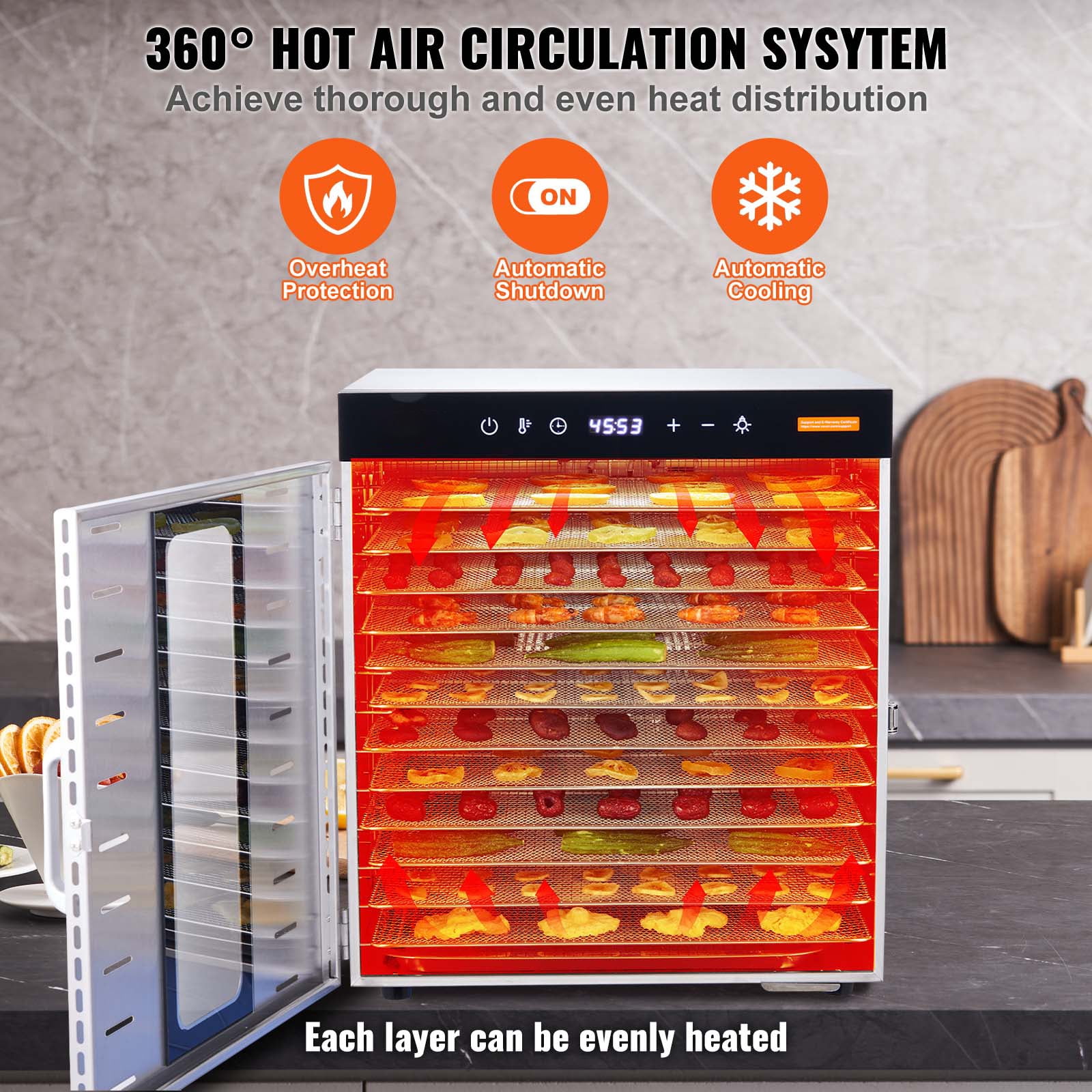 KFFKFF 10 Tray Food Dehydrator Machine - Stainless Steel, 1000W, Ideal for Drying Jerky and Fruit - Image 6