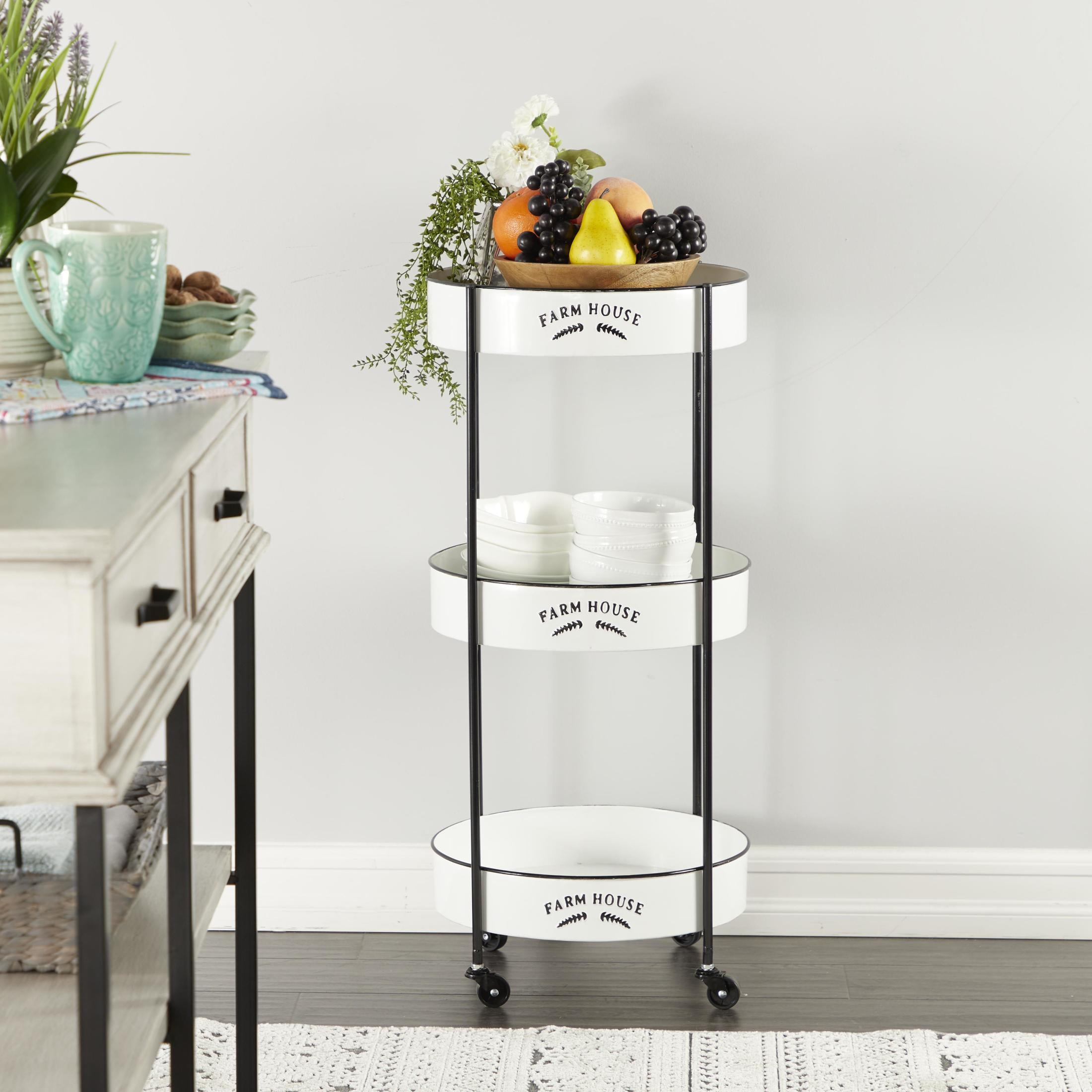 DecMode 16" x 34" White Metal Kitchen Rolling 3 Shelves Bar Cart with Wheels, 1-Piece - Image 2