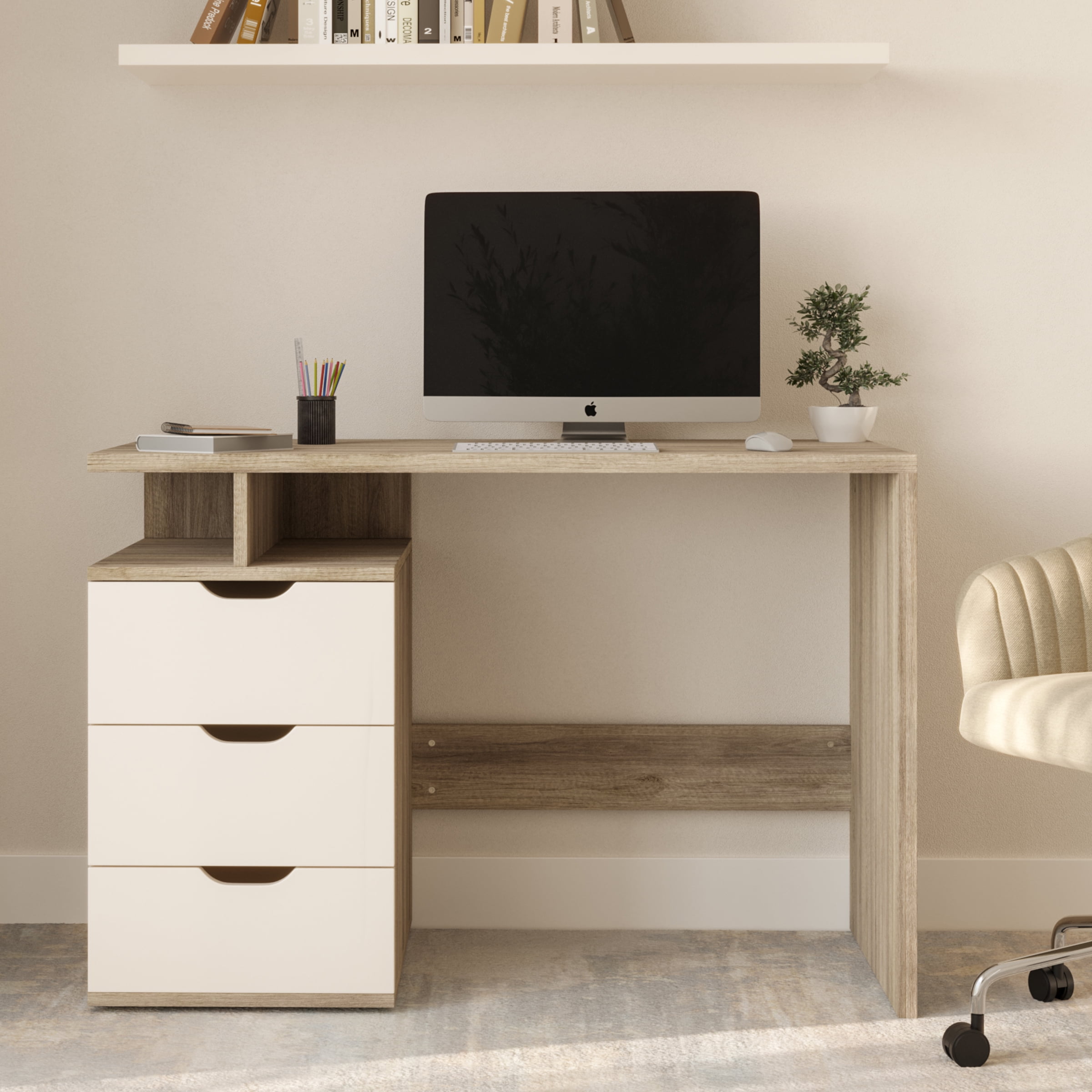 Lavish Home Computer Desk with Attached 3-Drawer File Cabinet (White) - Image 4