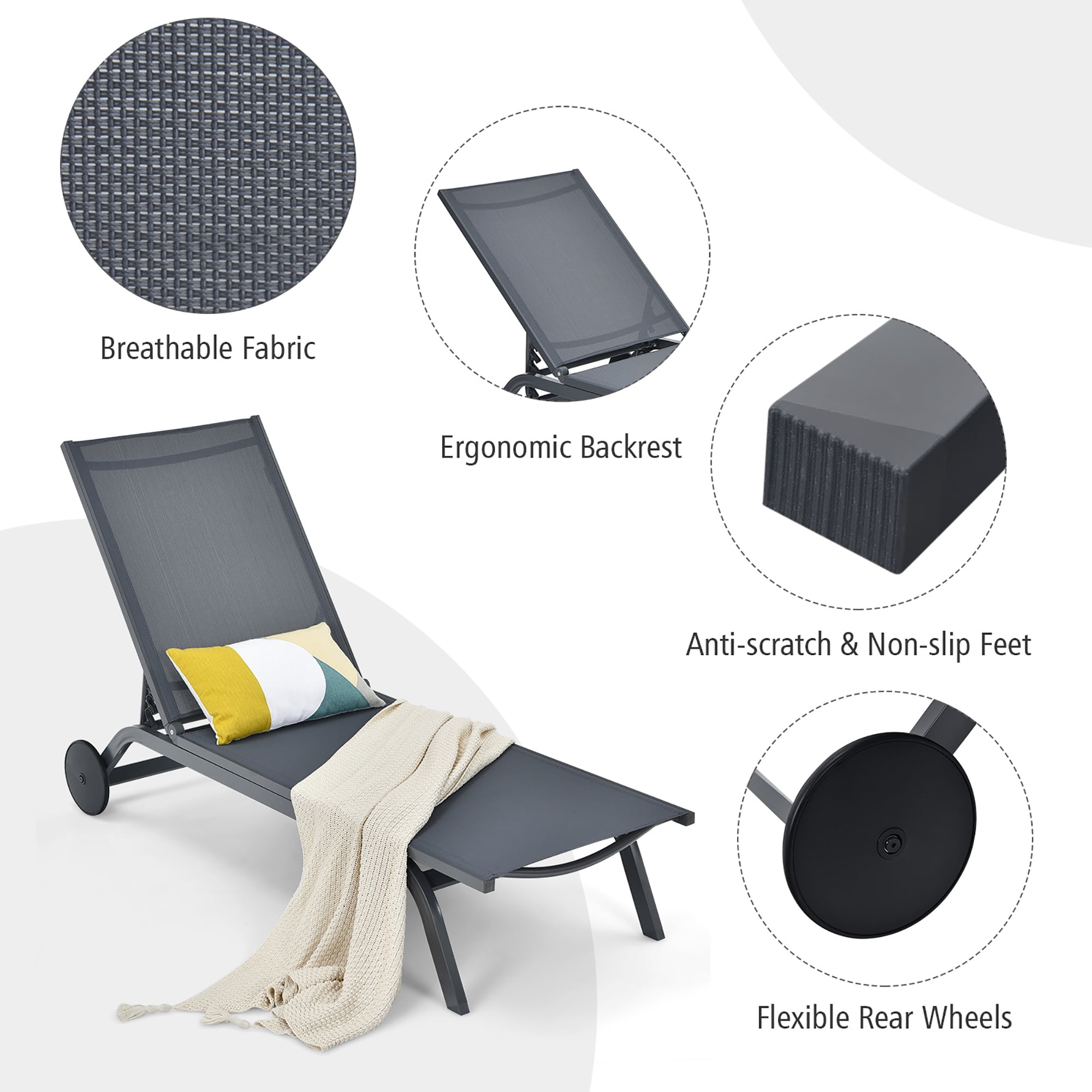 Goplus Outdoor Lounge Chair Chaise Reclining Aluminum Fabric Adjustable Gray - Image 9